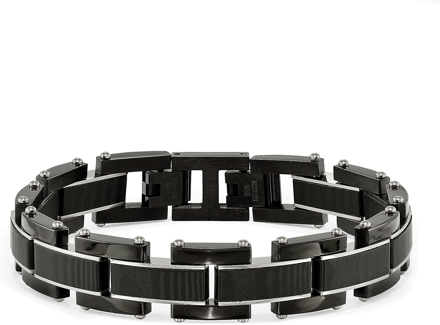 Chisel Stainless Steel Polished Black IP-plated with Solid Black Carbon Fiber Link Bracelet - 8.5