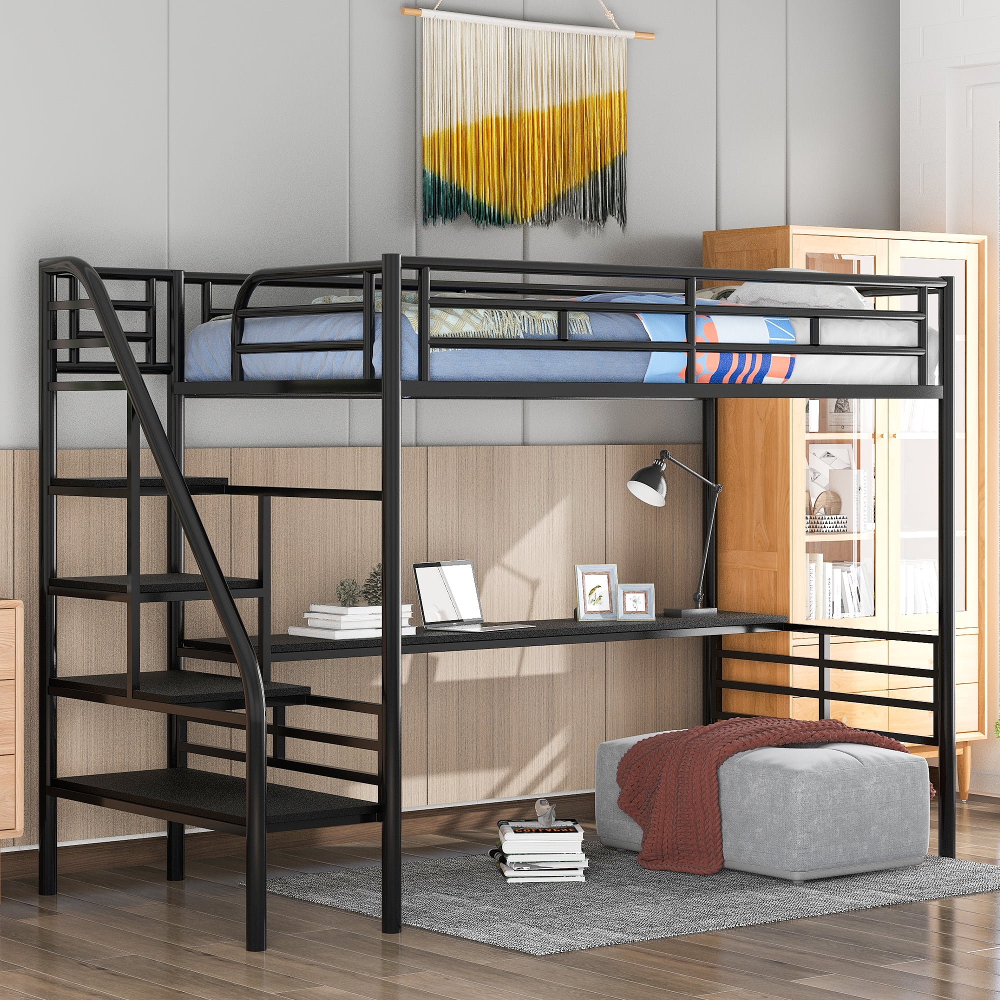 Leadzm Metal Loft Bed Frame with Desk, No Box Spring Needed,Twin ,Black