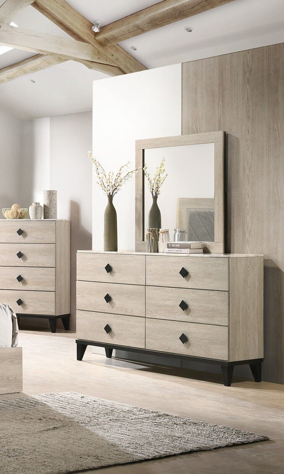 Transitional Style Cream Queen Size Bed 4pc Set Dresser Mirror Nightstand Bedroom Furniture Wooden Upholstered HB