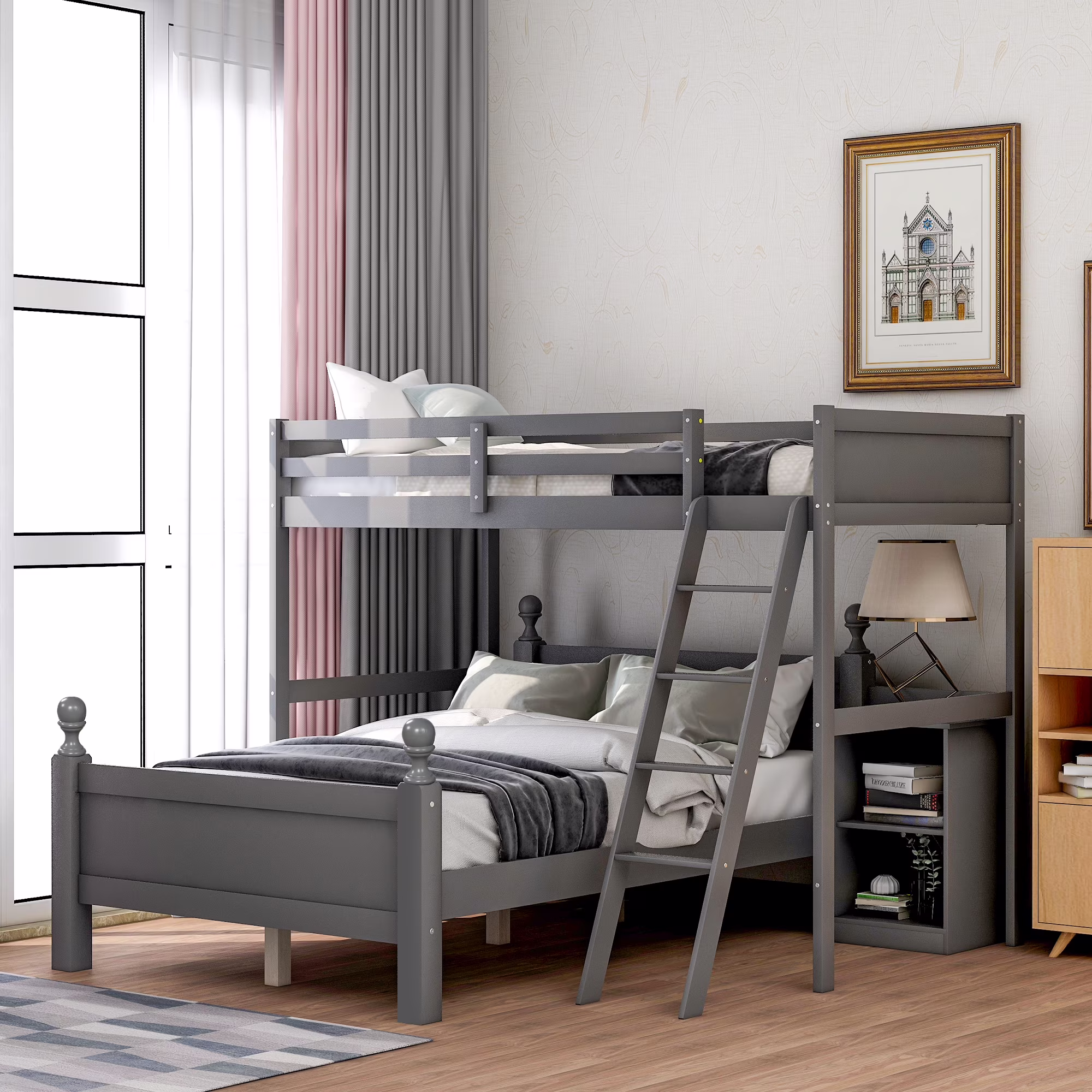 Abanopi Twin over Full Loft Bed with Cabinet, Gray
