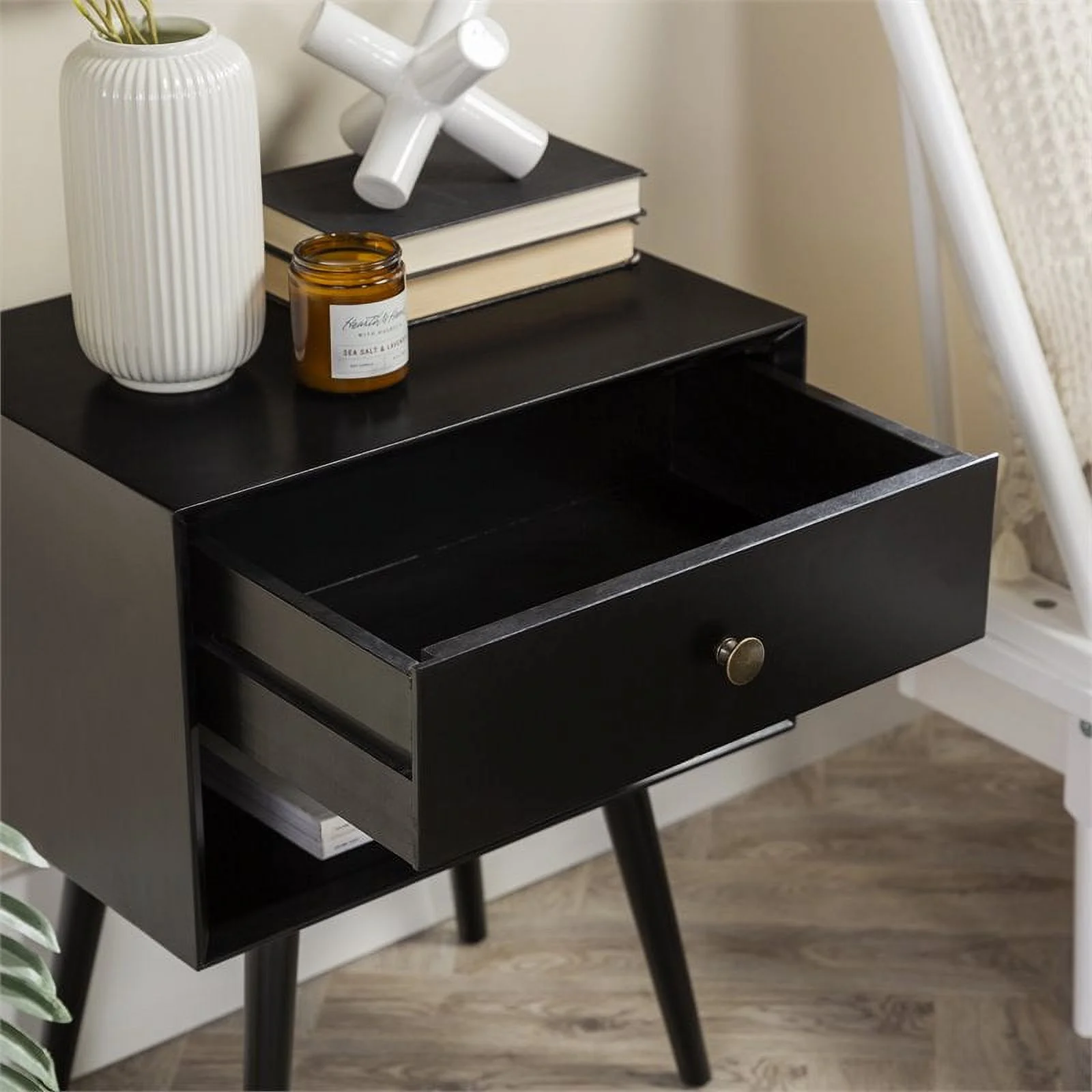 Mid Century Modern 1-Drawer Bedroom Nightstand in Black