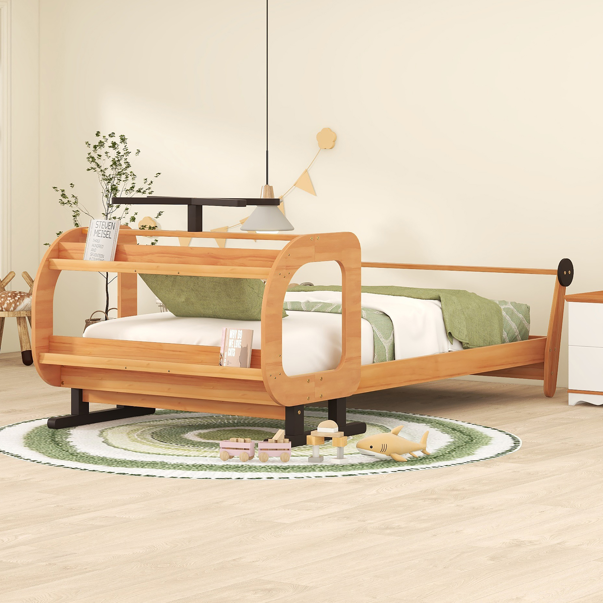 Twin Size Plane Shaped Bed Frame Wooden Platform Bed with Rotatable Propeller and Shelves/No Box Spring Needed/Noise Free (Natural)