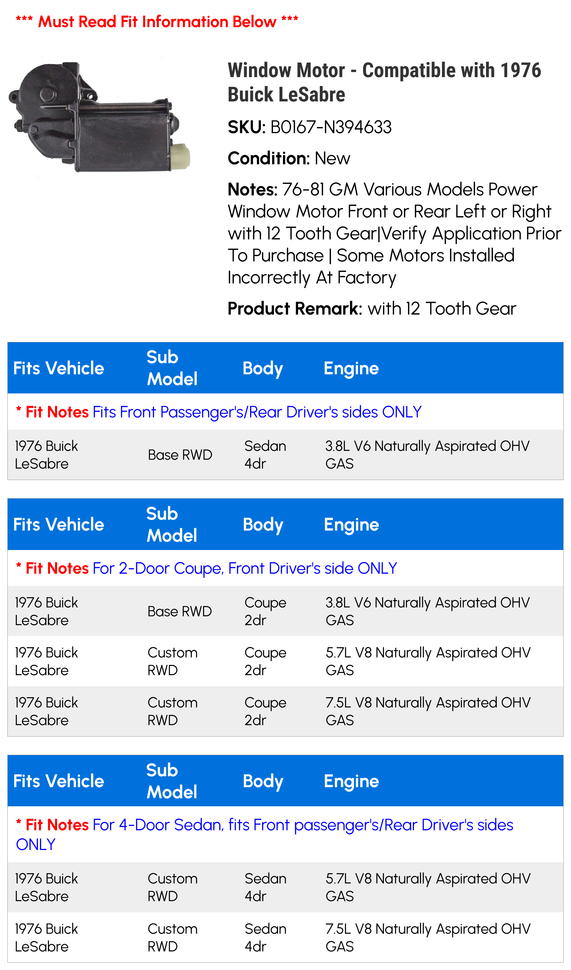 Window Motor - Compatible with 1976 Buick LeSabre