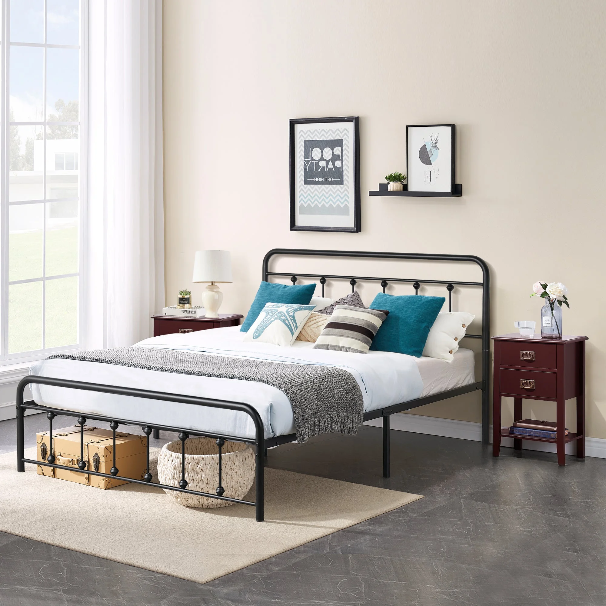 VECELO 3-Piece Bedroom Set with Full Metal Bed Frame and 2 Red-brown Nightstands (Set of 3)