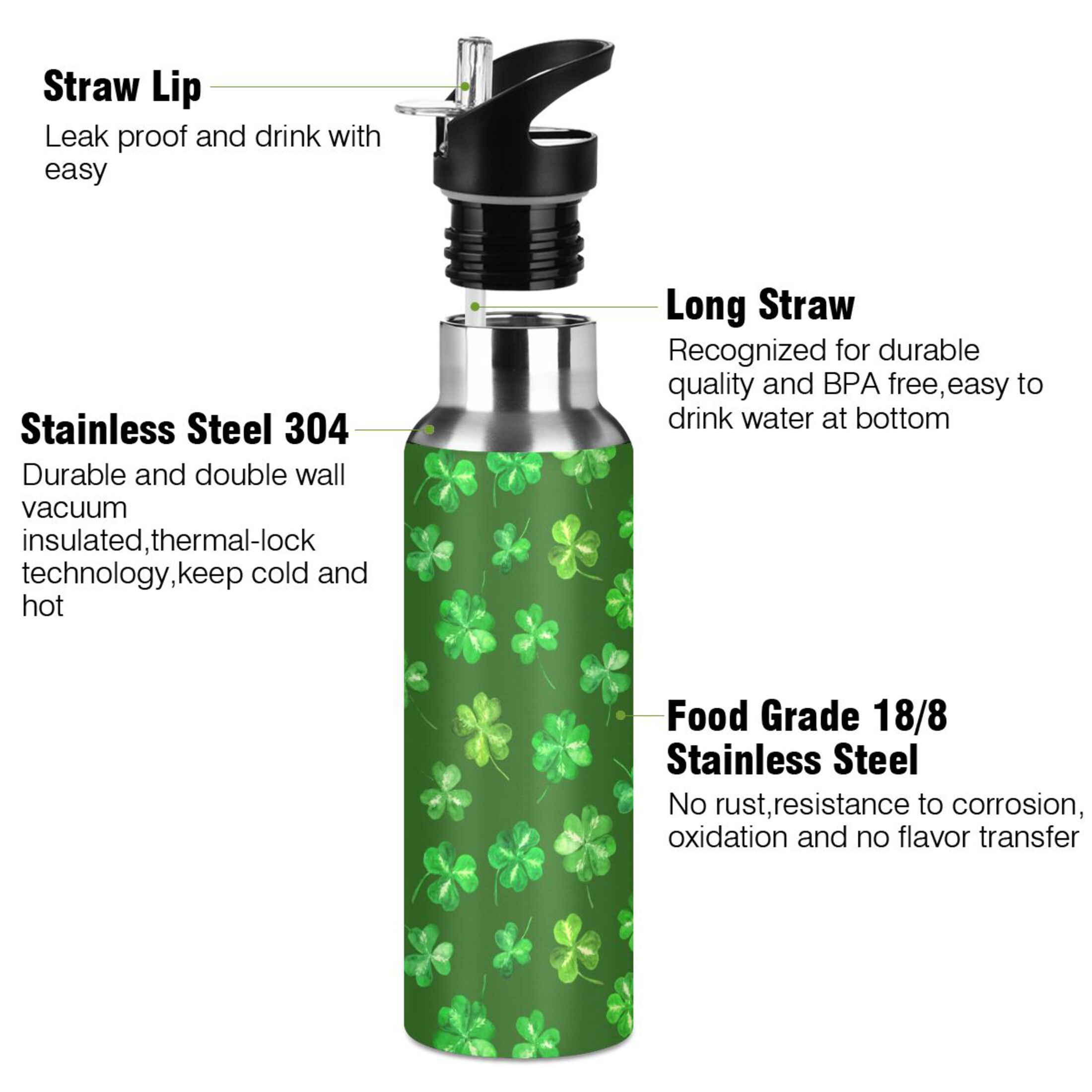Stainless Steel Water Bottle St Patricks Trefoil Leaves Four Leaf Green Clover Shamrock Clover with Straw Lid Vacuum Insulated Leak Proof Flask Jug for Gym Travel Sports Cycling