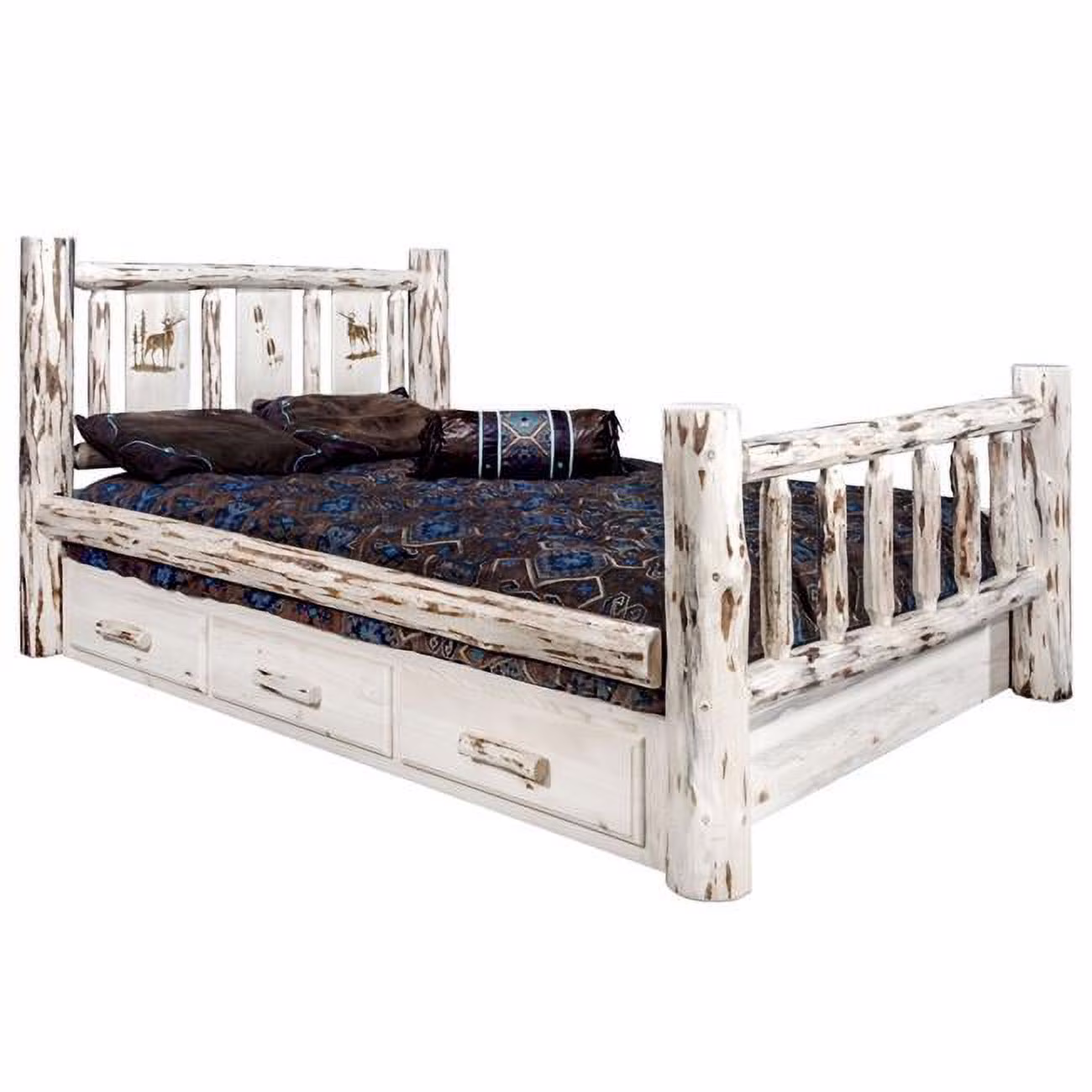 Montana Woodworks Wood Twin Storage Bed with Laser Engraved Elk in Natural