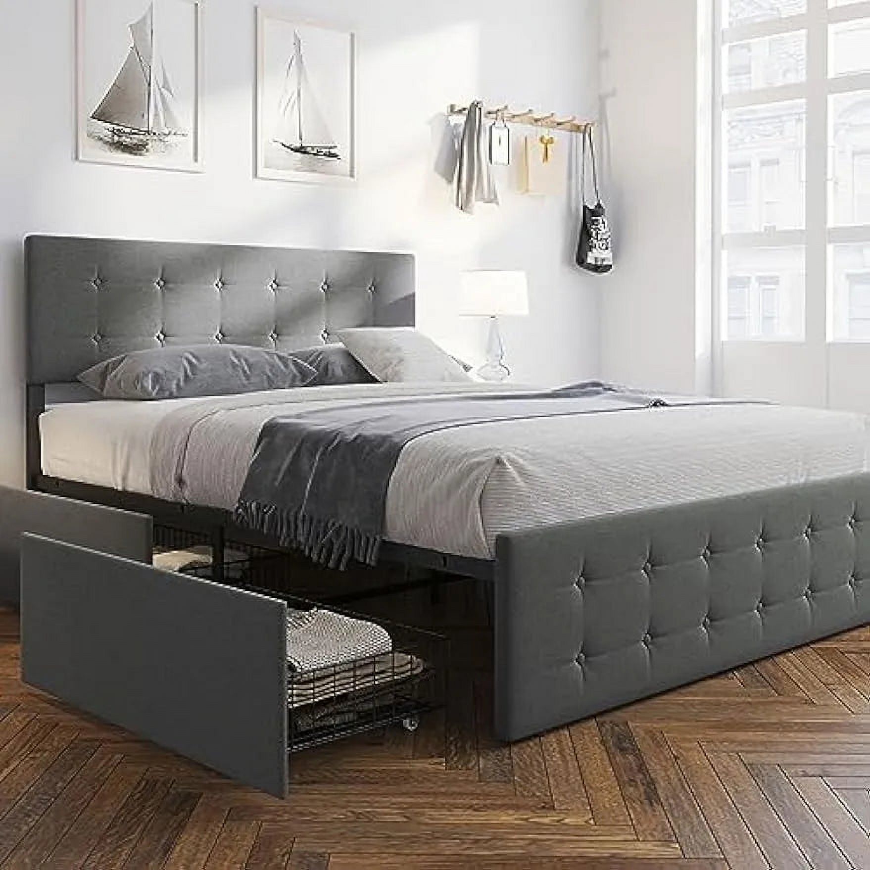 GAOMON Full Bed Frame with Storage, Grey Full Size Upholstered Bed Frame with 4 Drawers and Adjustable Tufted Headboard