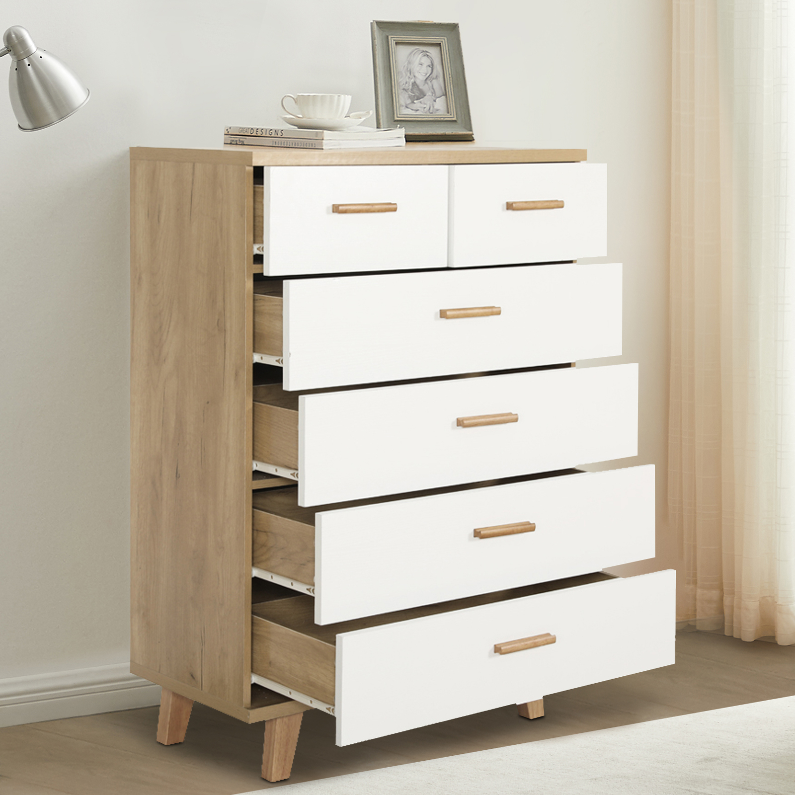 YISUYA Dresser for Bedroom with 6 Drawers, Wood Drawer Dresser, Solid Wood Handles and Foot Stand, Bar Cabinet, Chest of Drawers, Nightstand, Can Be Placed in The Living Room, Bedroom, Dining Room