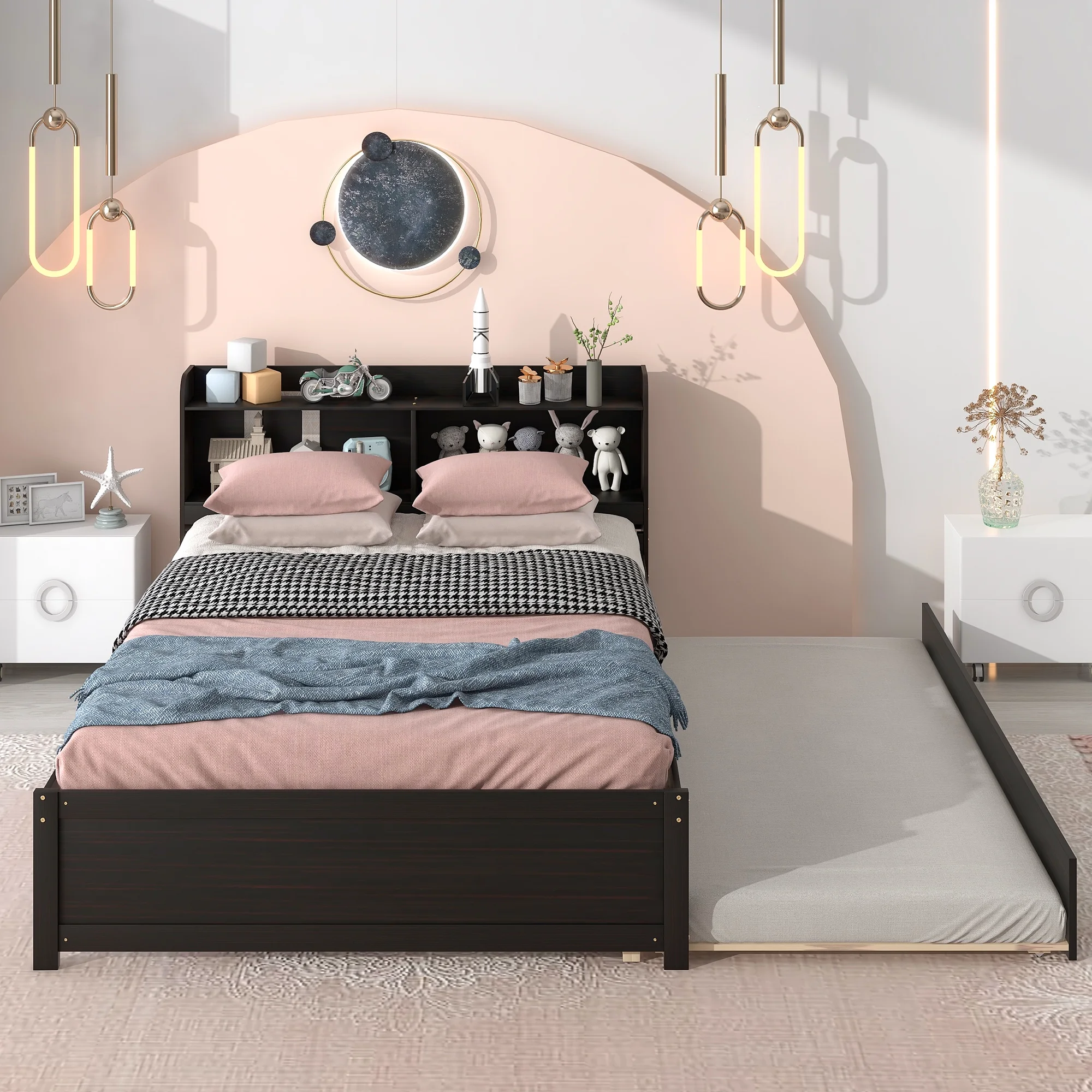 Dcenta Full Bed with Trundle,Bookcase,Espresso