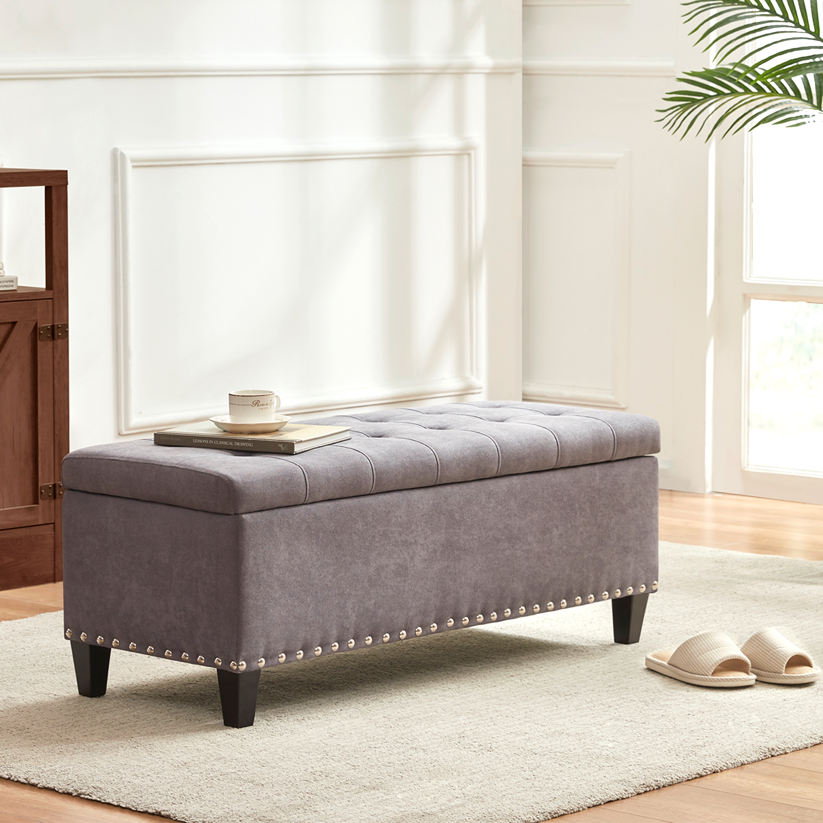 HUIMO Ottoman with Storage, 41-inch Upholstered Fabric Storage Bench with Safety Hinge, Ottoman Bench with Button-Tufted, for Bedroom, Living Room, End of Bed Bench (Grey)