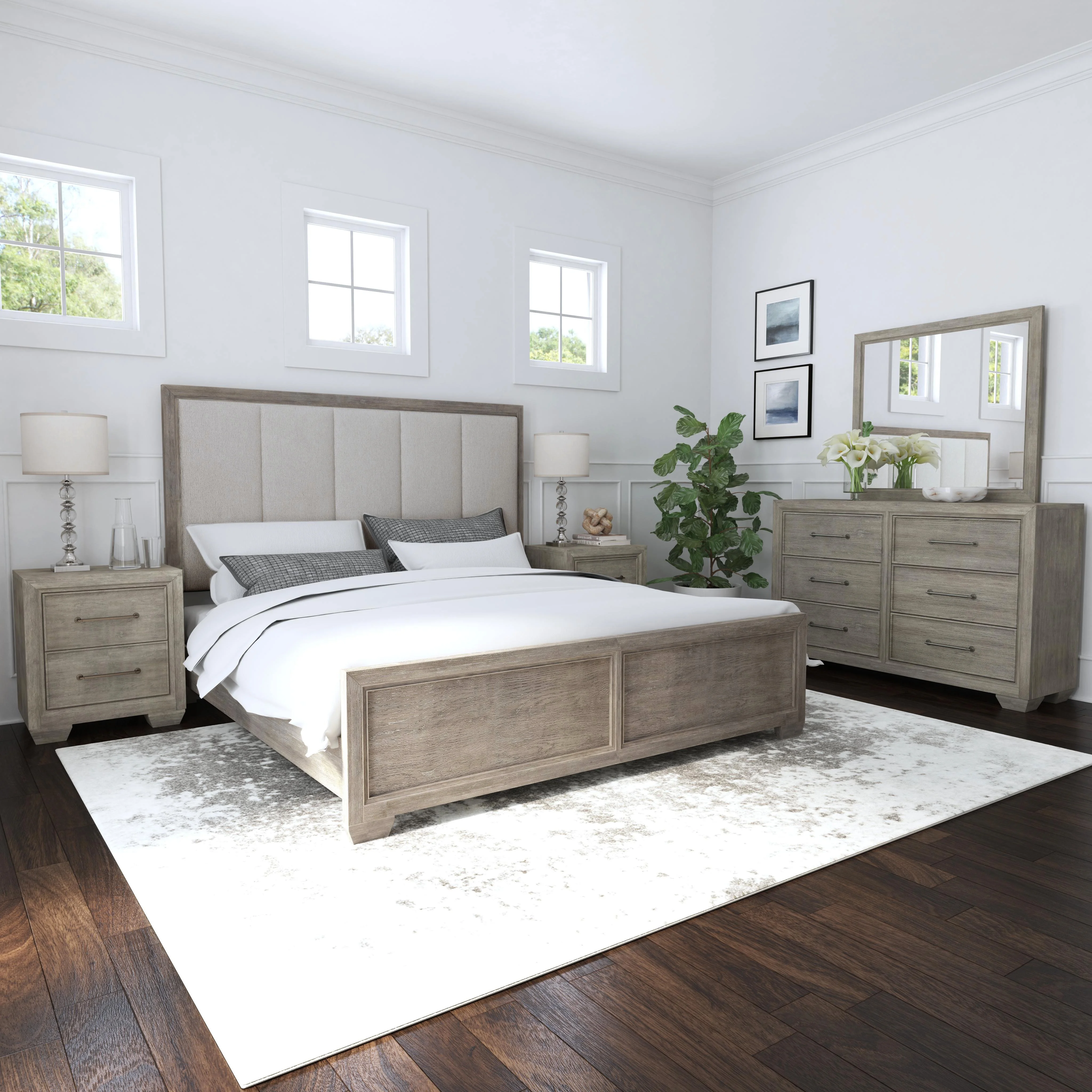 Ennesley Gray Wood Bedroom Set with Upholstered Panel Queen Bed, Dresser, Mirror, and 2 Nightstands
