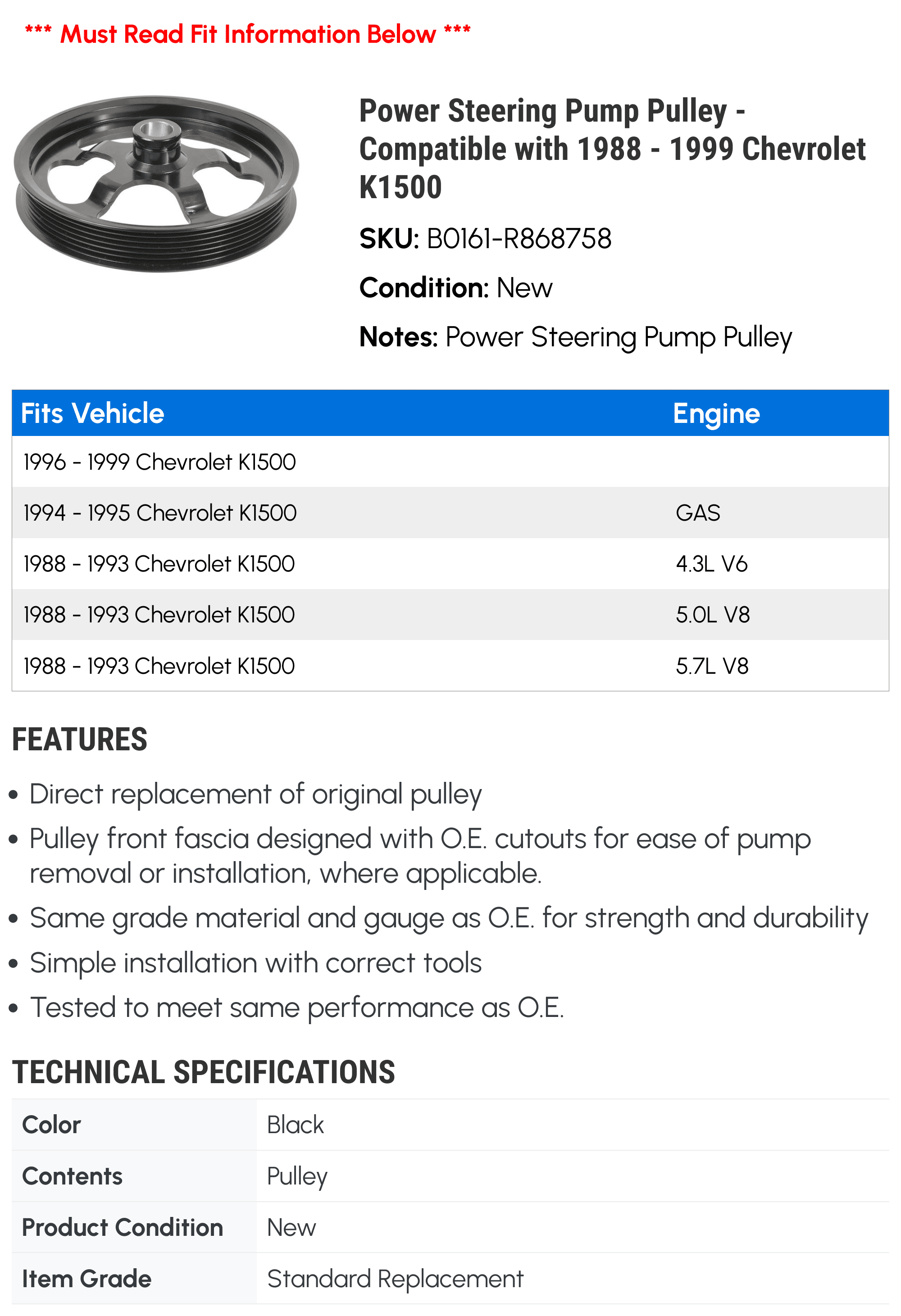 Power Steering Pump Pulley - Compatible with 1988 - 1999 Chevy K1500 1989 1990 1991 1992 1993 1994 1995 1996 1997 1998