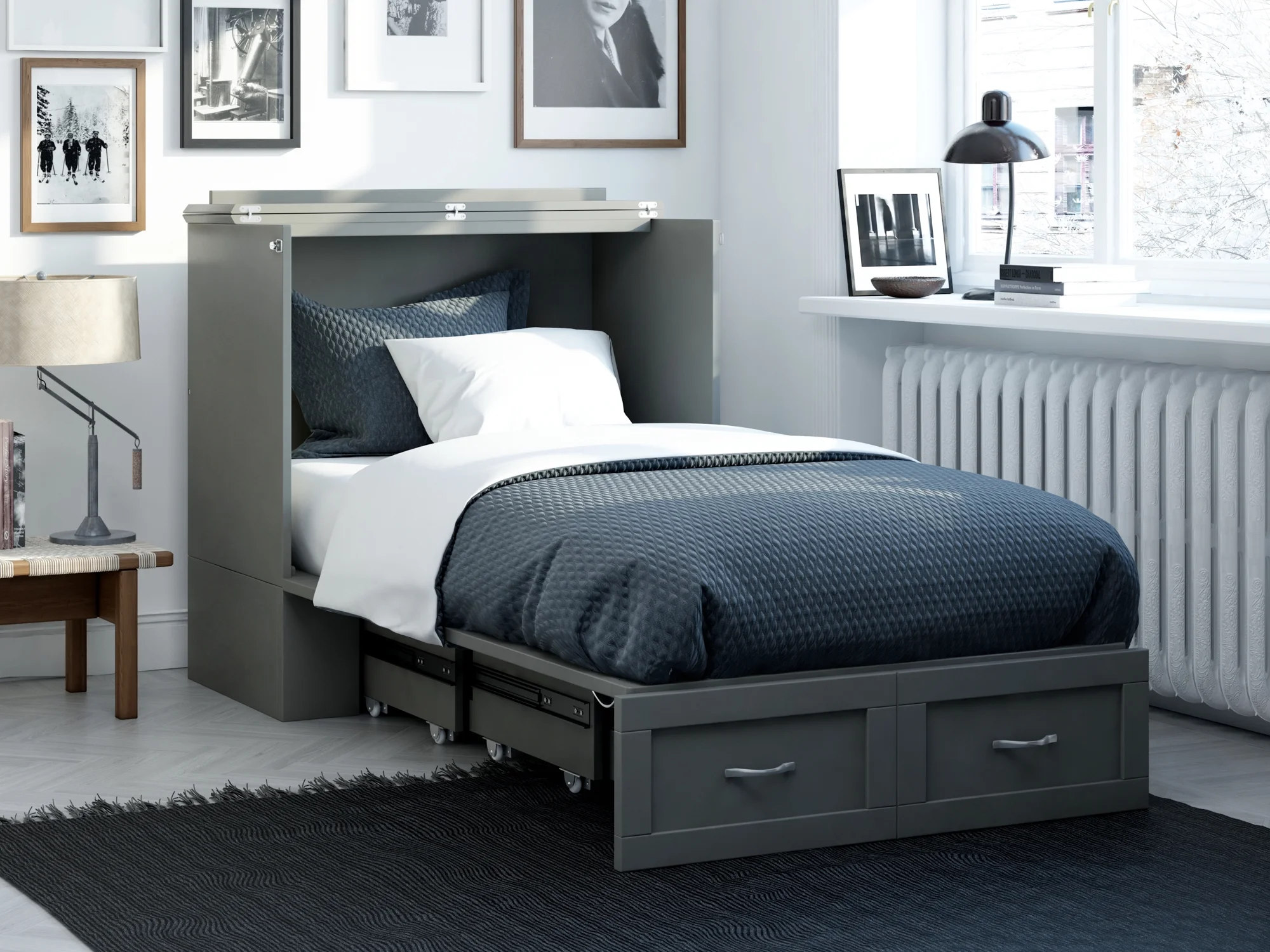 AFI Hamilton Twin XL Solid Wood Murphy Bed Chest with Mattress, Drawer and Charger, Grey