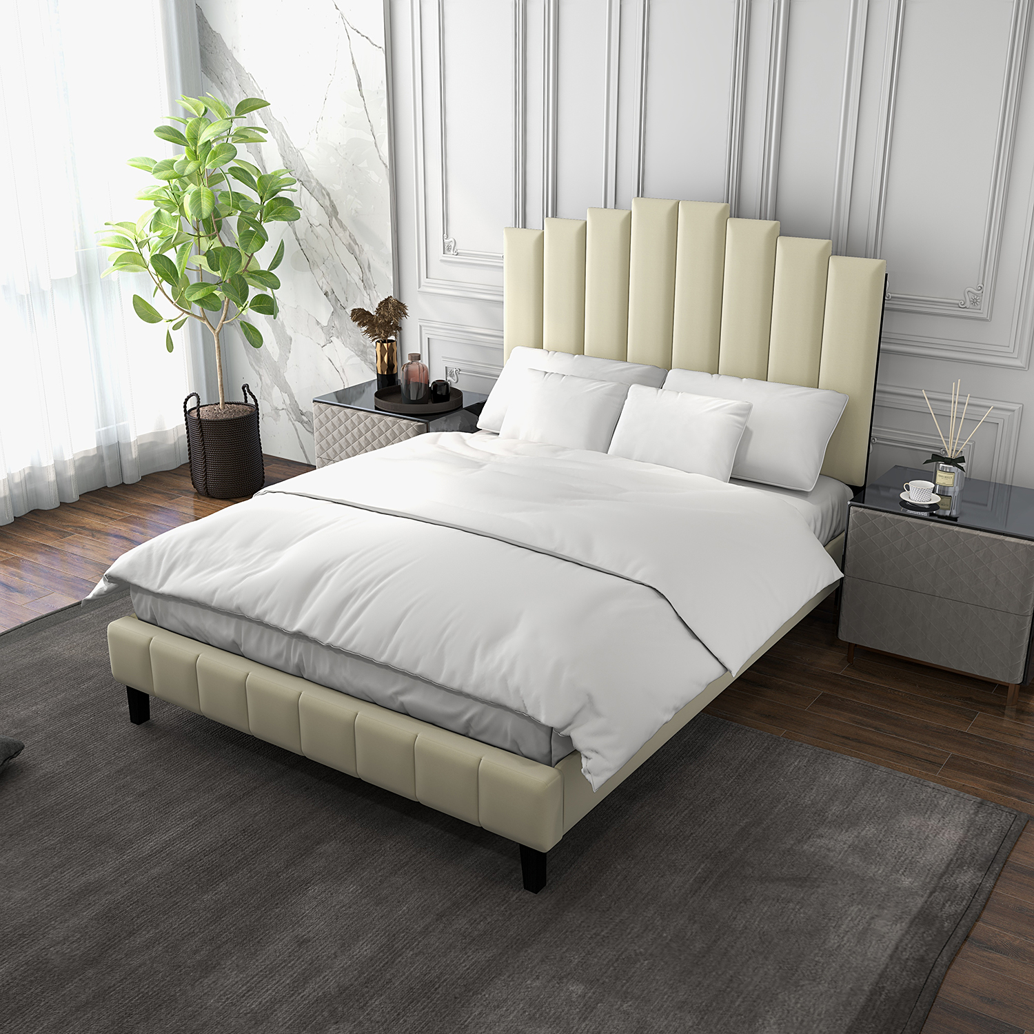 Orpheus Tufted Upholstered Platform Bed-QB, IVORY