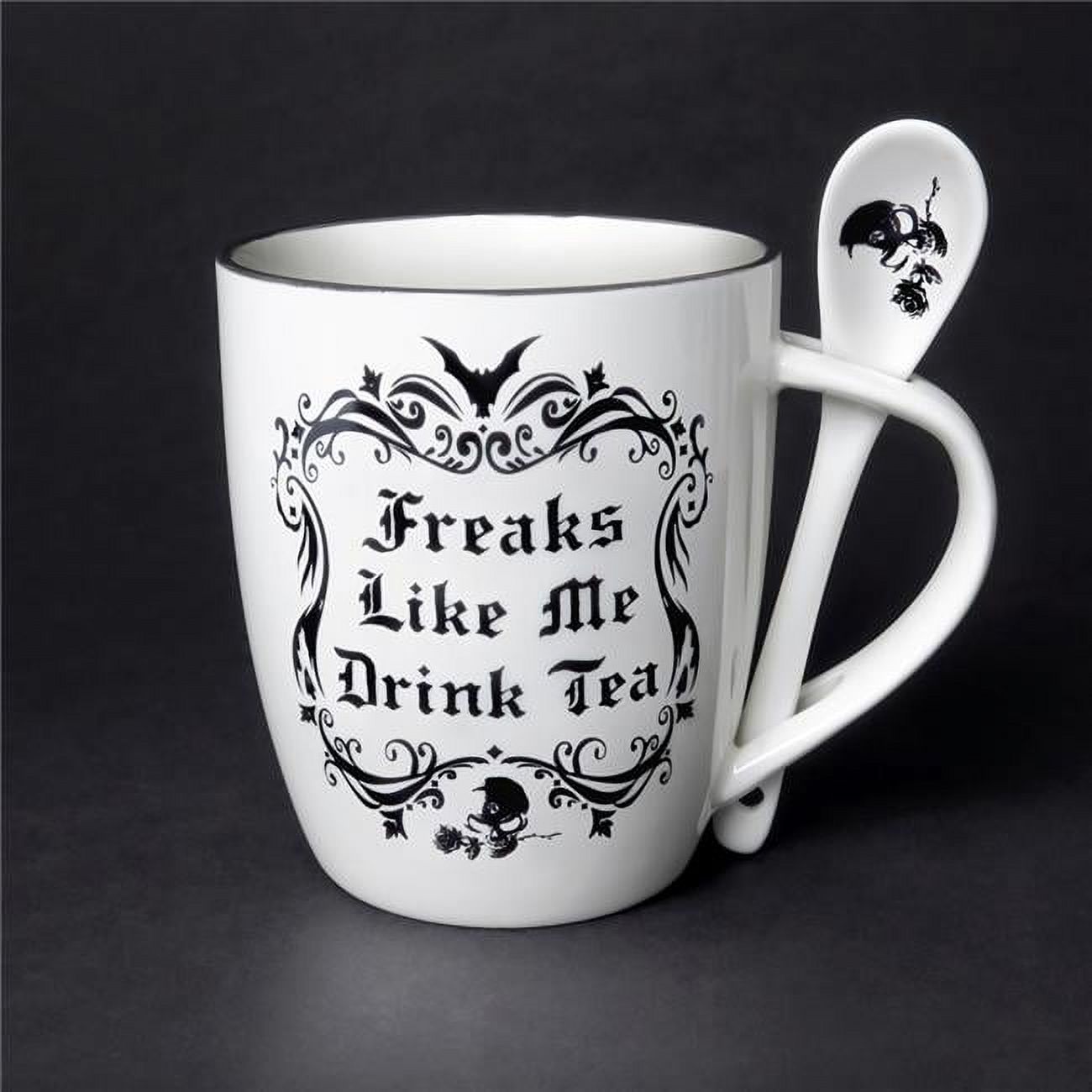 5.31 in. Freaks Like me Drink Tea Mug Spoon Set, White & Black - 13 oz