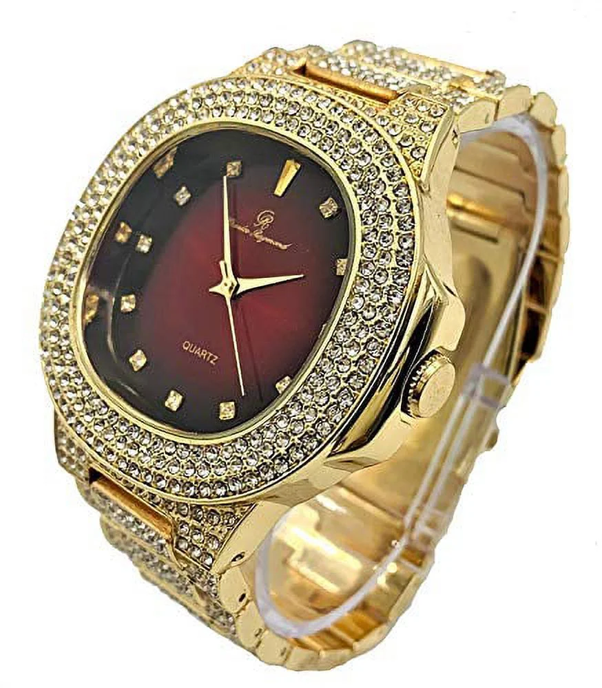 Bling-ed Out Oblong Case Mens PP Look Watch with Blood Red Dial, Matching Bling-ed Out Cuban Bracelet and King Ring Set - 8475 CR Cuban Set (9, Red - Gold)