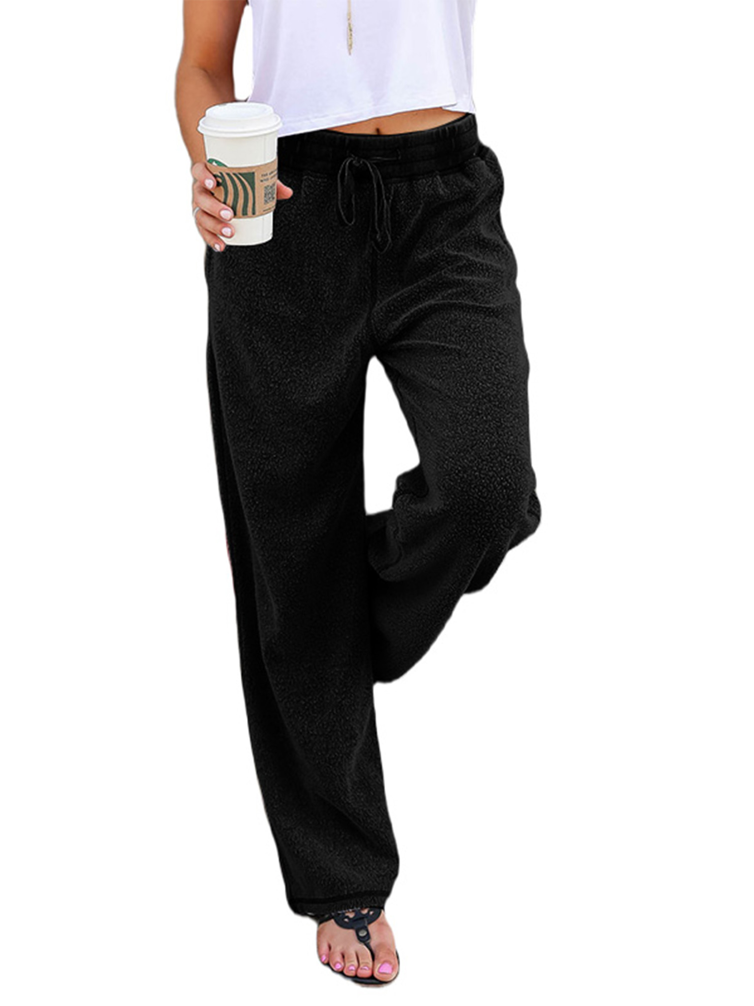 Frontwalk Women Fashion Yoga Pants Casual Loose Fitness Workout Long Pants Solid Color Elastic Waist Drawstring Wide Leg Trouser With Pocket