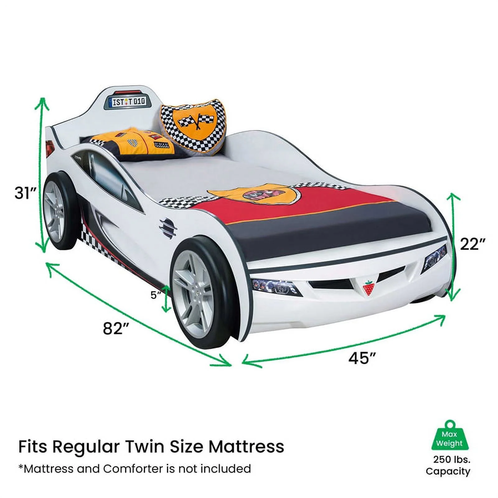 Cilek Kids Room Race Cup Wood Twin Car Bed with Cool Details in White