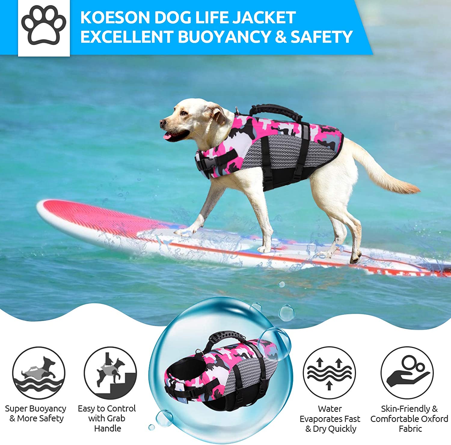 KOESON Dog Life Jacket, Camo Ripstop Dog Life Vest for Swimming, Reflective Pet Safety lifejacket for Dogs with Rescue Handle, Dog Life Preserver Swimsuit for Small Medium Large Dogs (Pink, XS)