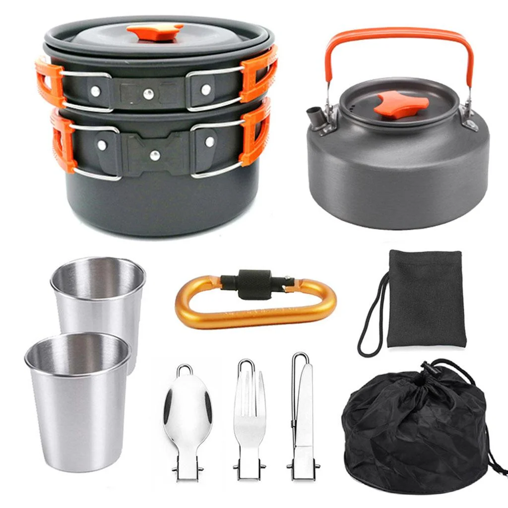 11PCS Camping Cookware Mess And with Kettle Stainless Steel Cups Lightweight for Hiking Backpacking Picnic Orange