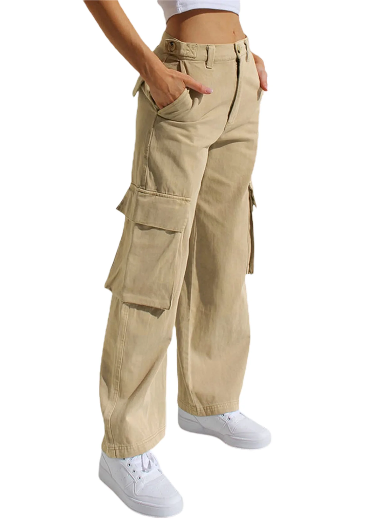 Women's Casual Cargo Pants High Waist Wide Leg Slim Fit Trousers Multi Pocket Jogging Pants