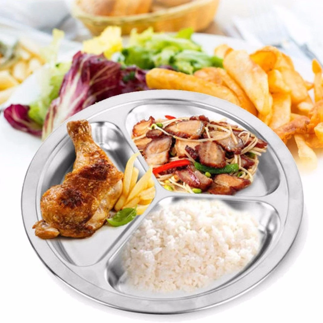 Stainless Steel 3 Sections Round Divided Dish Dia 22/24/26cm Snack Dinner Plate 26cm