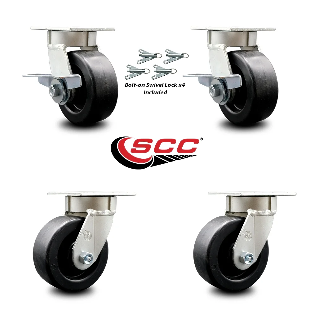 Kingpinless Polyolefin Swivel Top Plate Caster Set 4 w/5