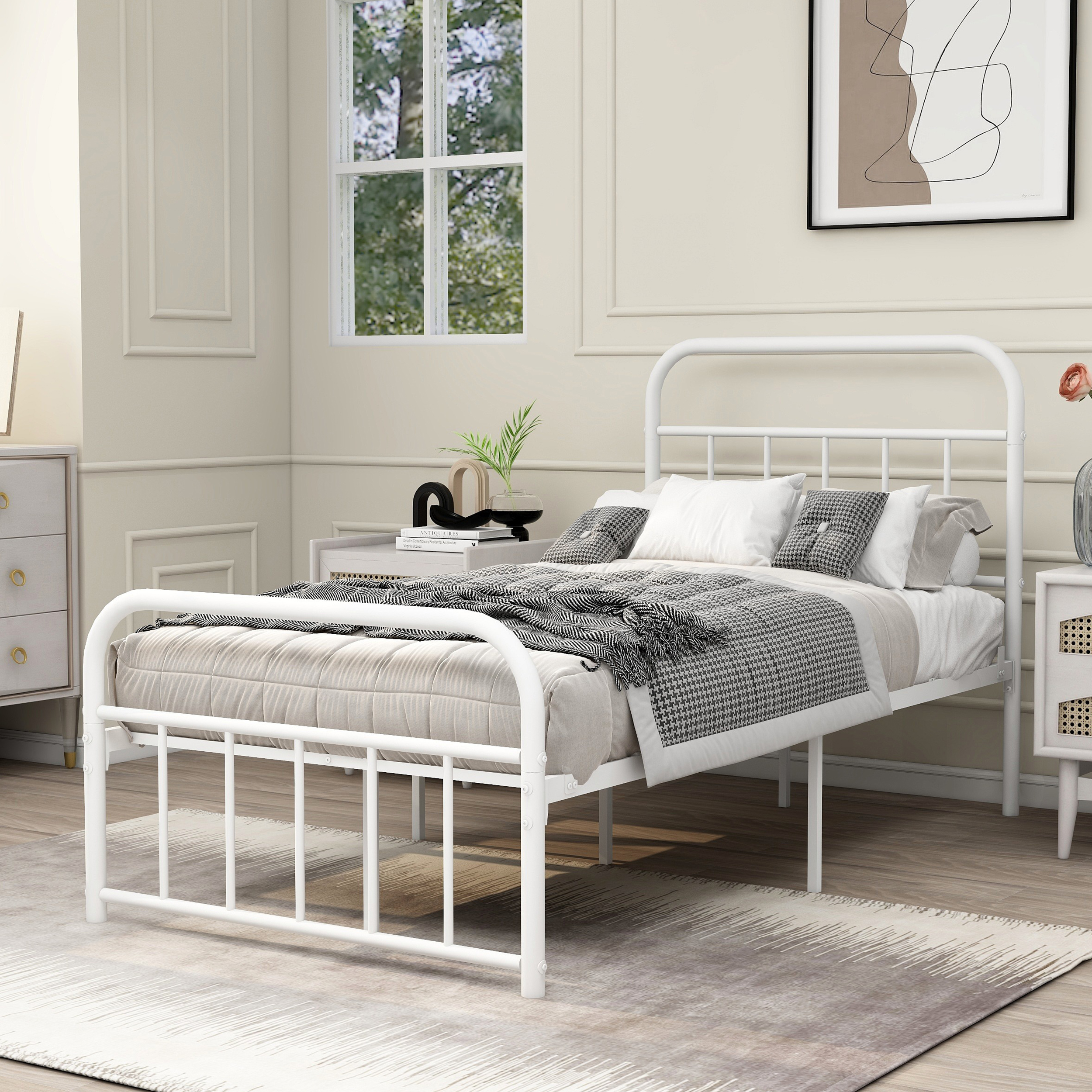 AUFANK Twin Size Heavy Duty Metal Platform Bed Frame, Headboard and Footboard, White