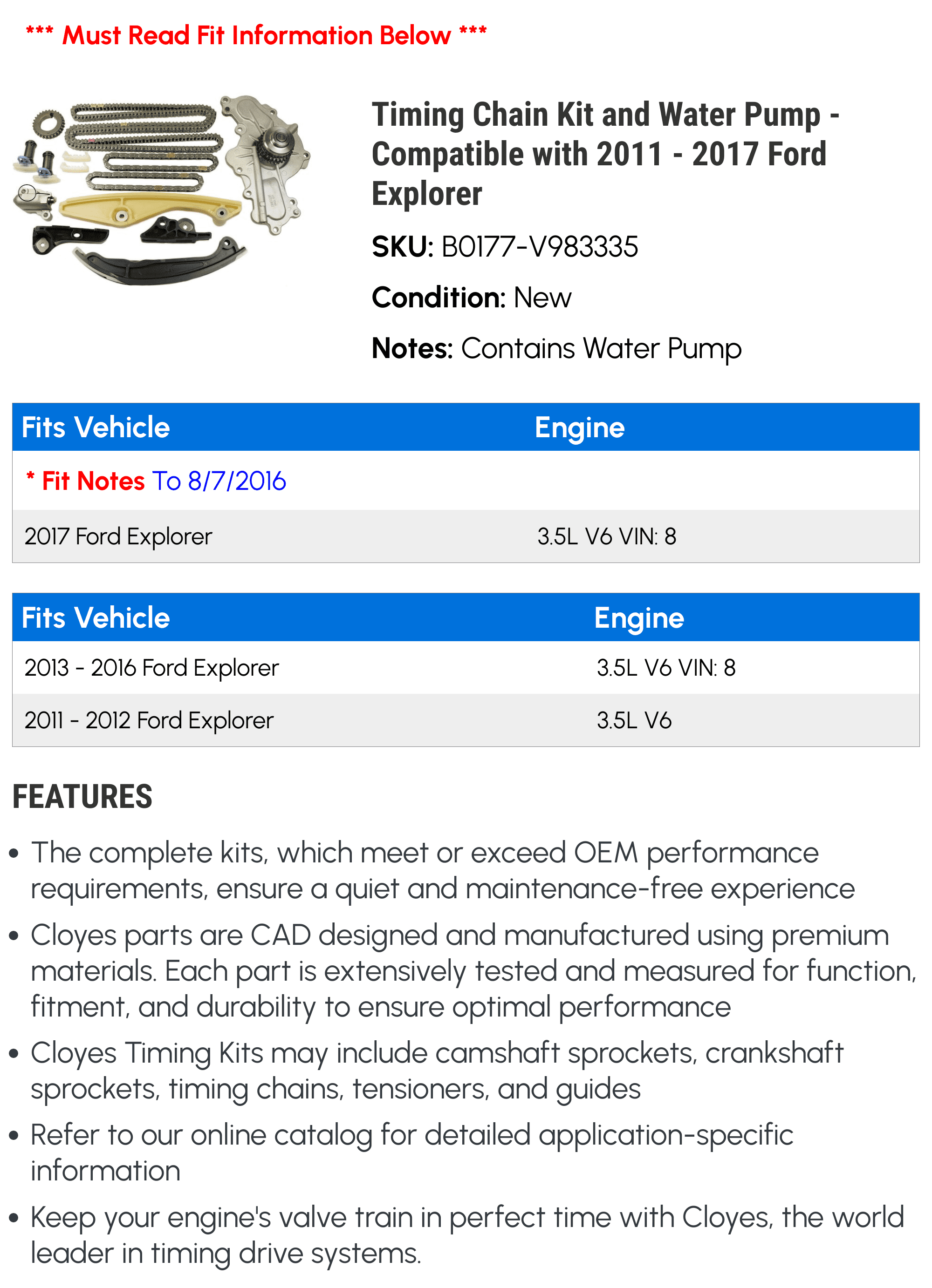 Timing Chain Kit and Water Pump - Compatible with 2011 - 2017 Ford Explorer 2012 2013 2014 2015 2016