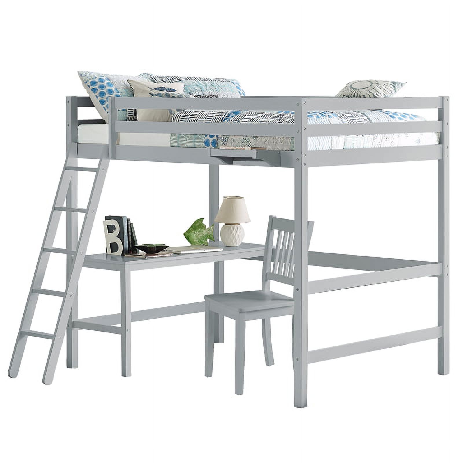 Rosebery Kids Caspian Wood Full Loft Bed with Chair & Hanging Nightstand in Gray