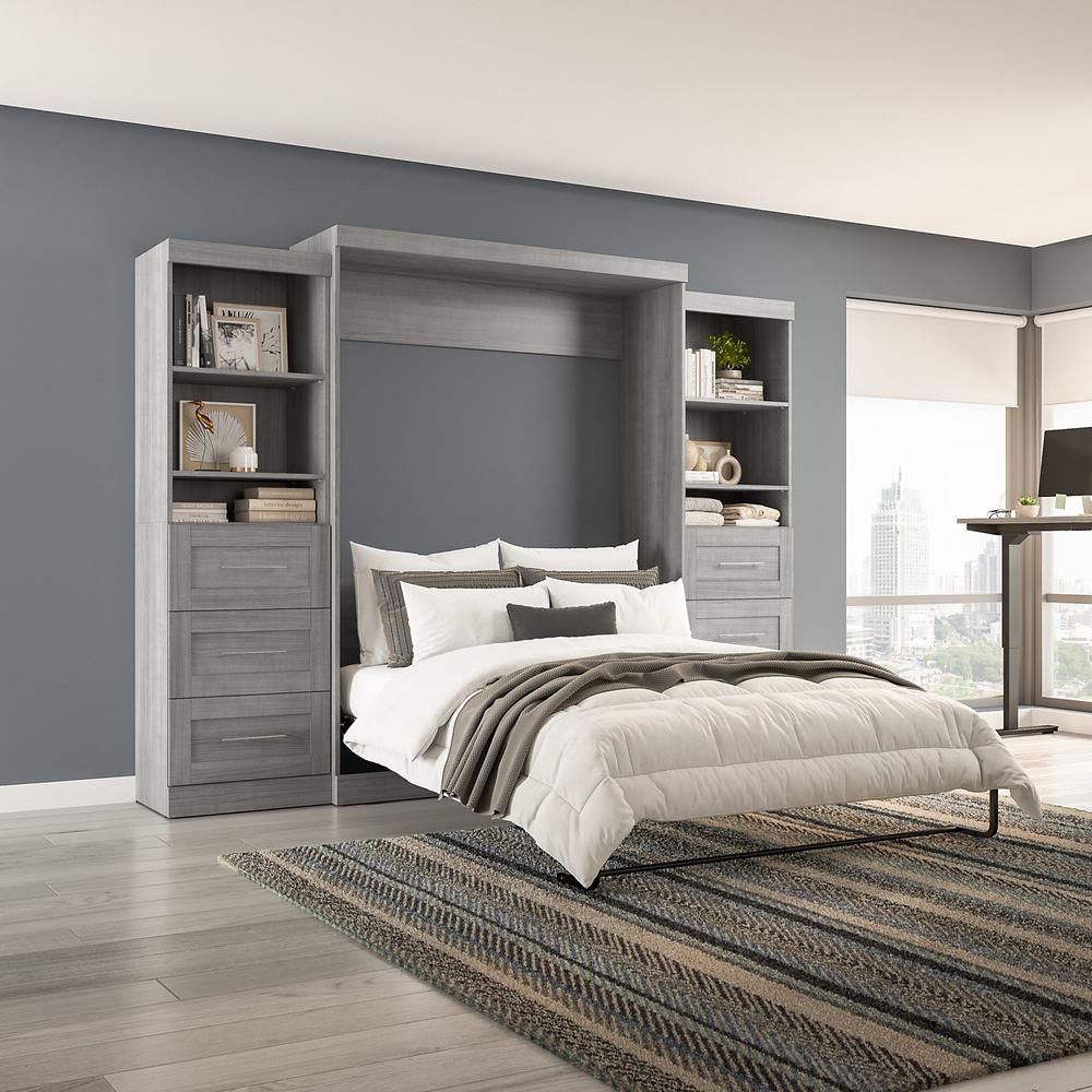 Bestar Pur Queen Murphy Bed and 2 Shelving Units with Drawers (115W) in Platinum Gray