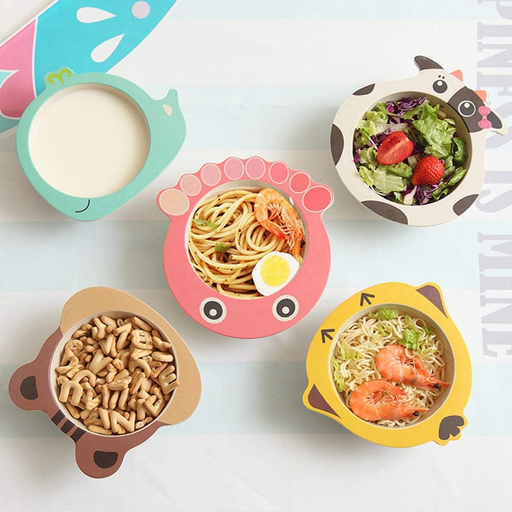 4Pack Bamboo Kids Bowls for Baby Feeding Plate Reusable Snack Cup Cereal Noodle Dish Bowl Set for Toddlers Boys Girls Dinnerware Set(Whale,Ladybird,Butterfly,Squirrel)
