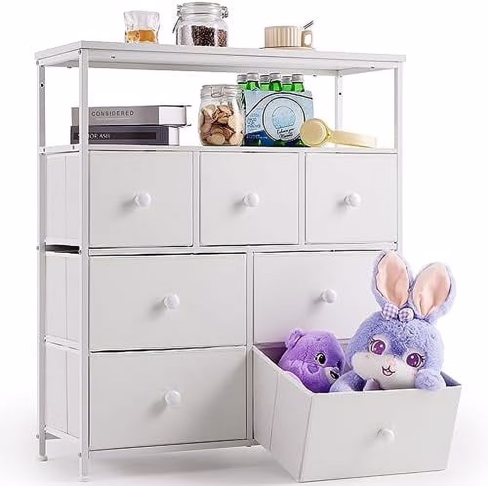 KHBIULIFE White Dresser  Dresser for Bedroom with 7 Drawers  Cute Dresser & Fabric Dresser for Bedroom  Bedroom Dresser with Wood Top and Metal Frame  Closet Dresser for Living Room