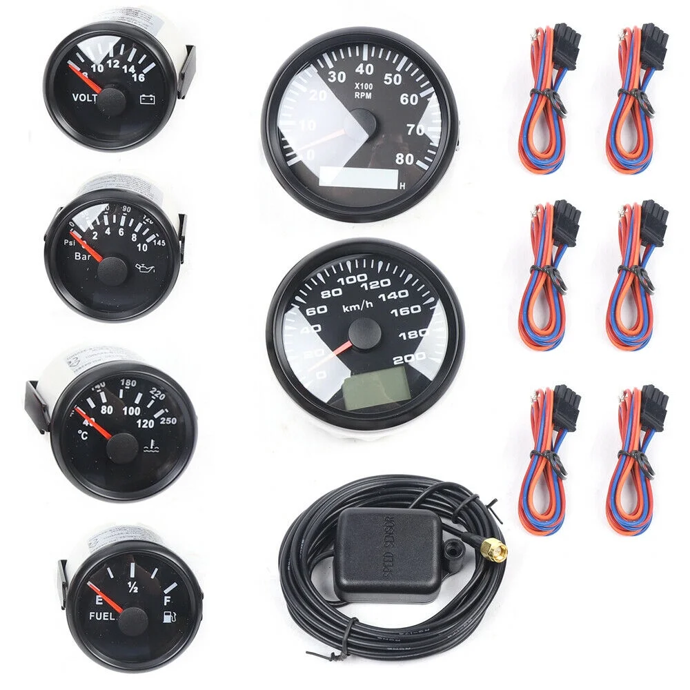 6 Gauge set Speedo 8000RPM Tacho Fuel Volts Oil Pressure Temp LCD For Car Marine 6 Gauge Set Digital Speedometer Tacho Fuel Temp For Car Marine Boat 0-200KM/H 6 Pcs Instrument Gauge Kit