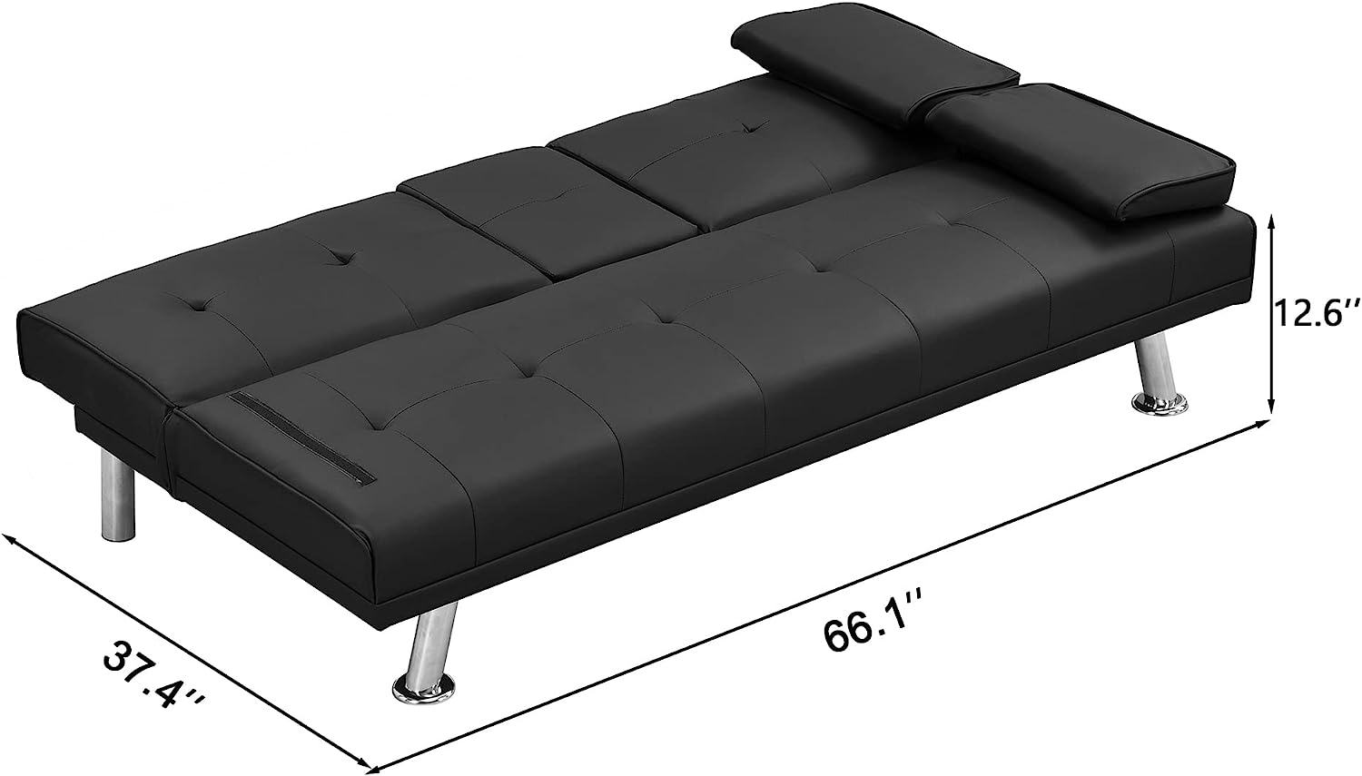 Hbaid Modern Faux Leather Couch Convertible Folding Futon Sofa Bed with 2 Cup Holders, Black
