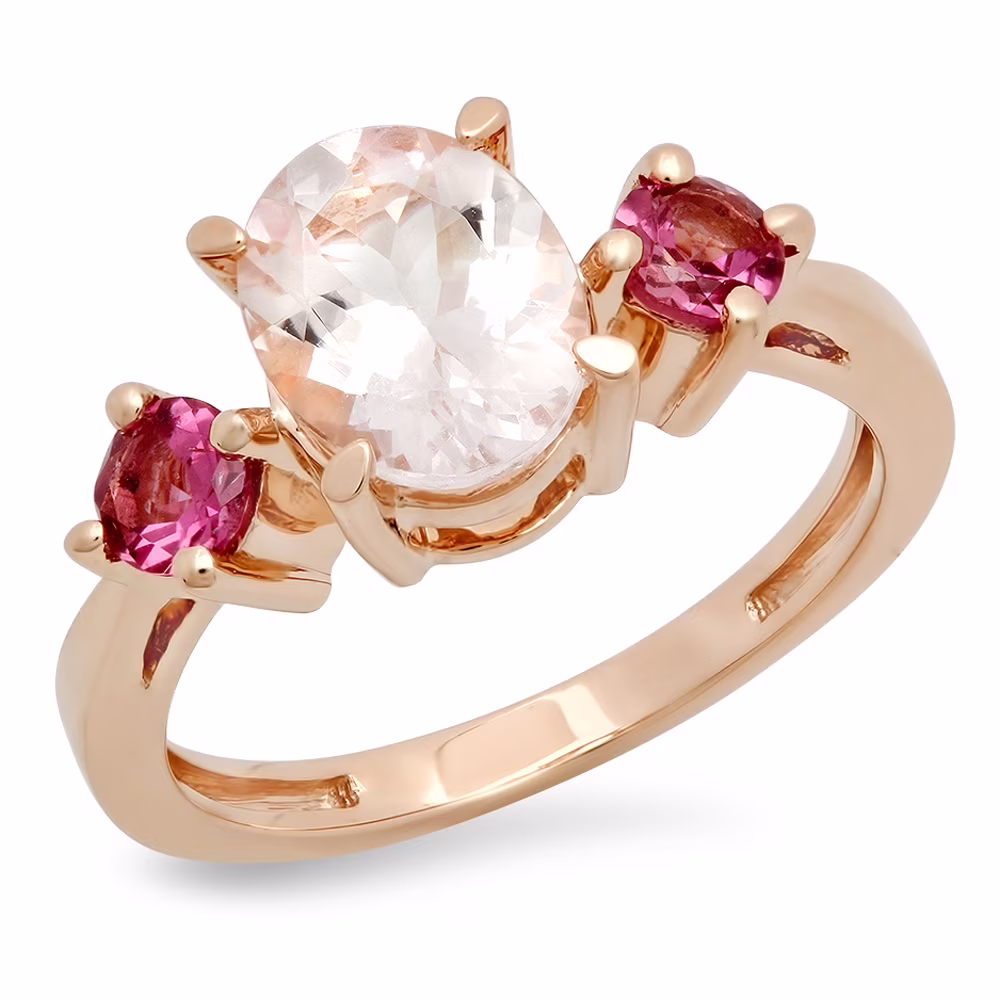2.1 Carat (Ctw) 18K Rose Gold Oval Cut Morganite & Round Cut Tourmaline Ladies Bridal 3 Stone Engagement Ring