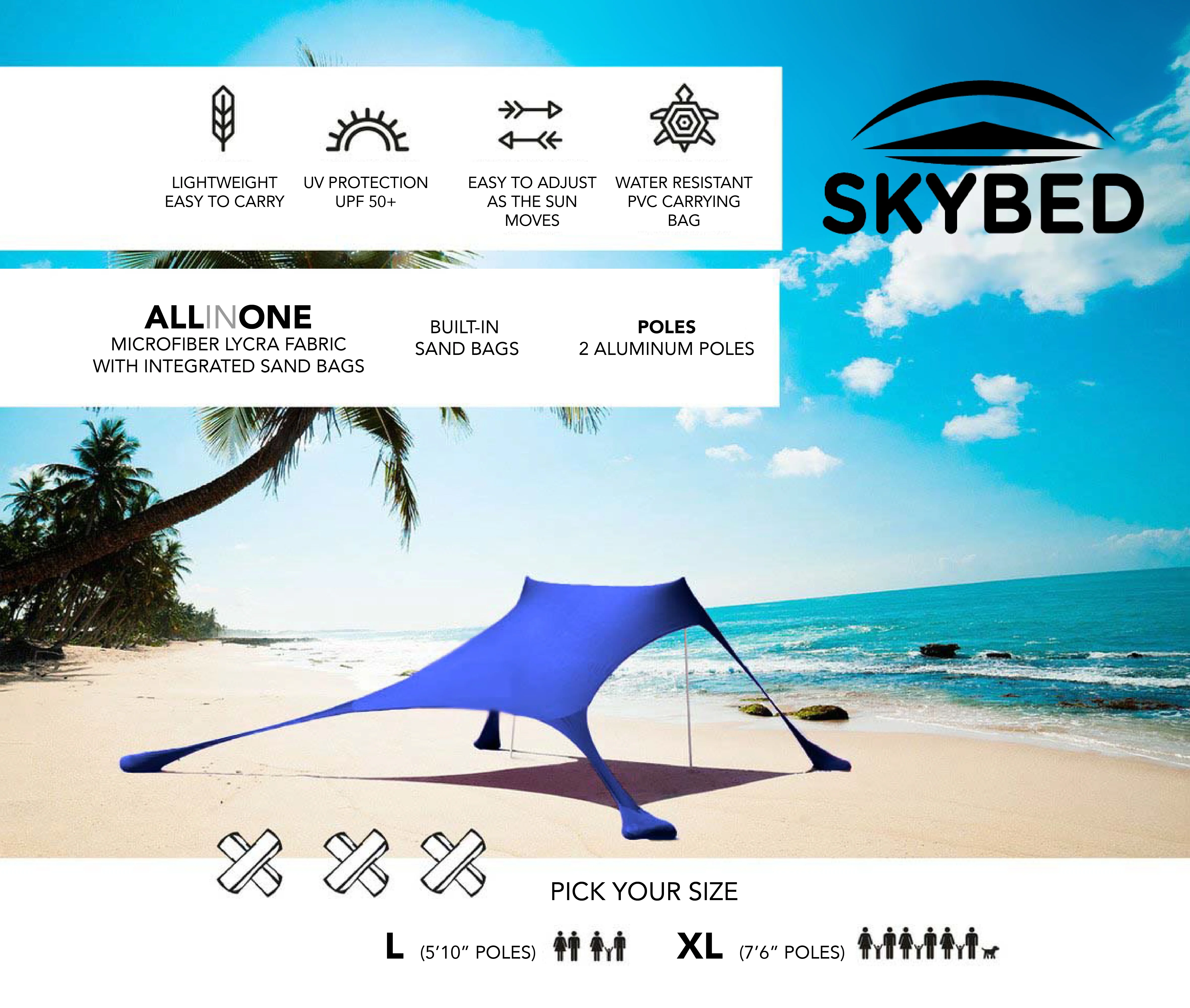 Sun Shelter Beach Shade Canopy by SkyBed, UPF 50+, Durable, Lightweight, 2-Pole, XL, Hawaiian Blue