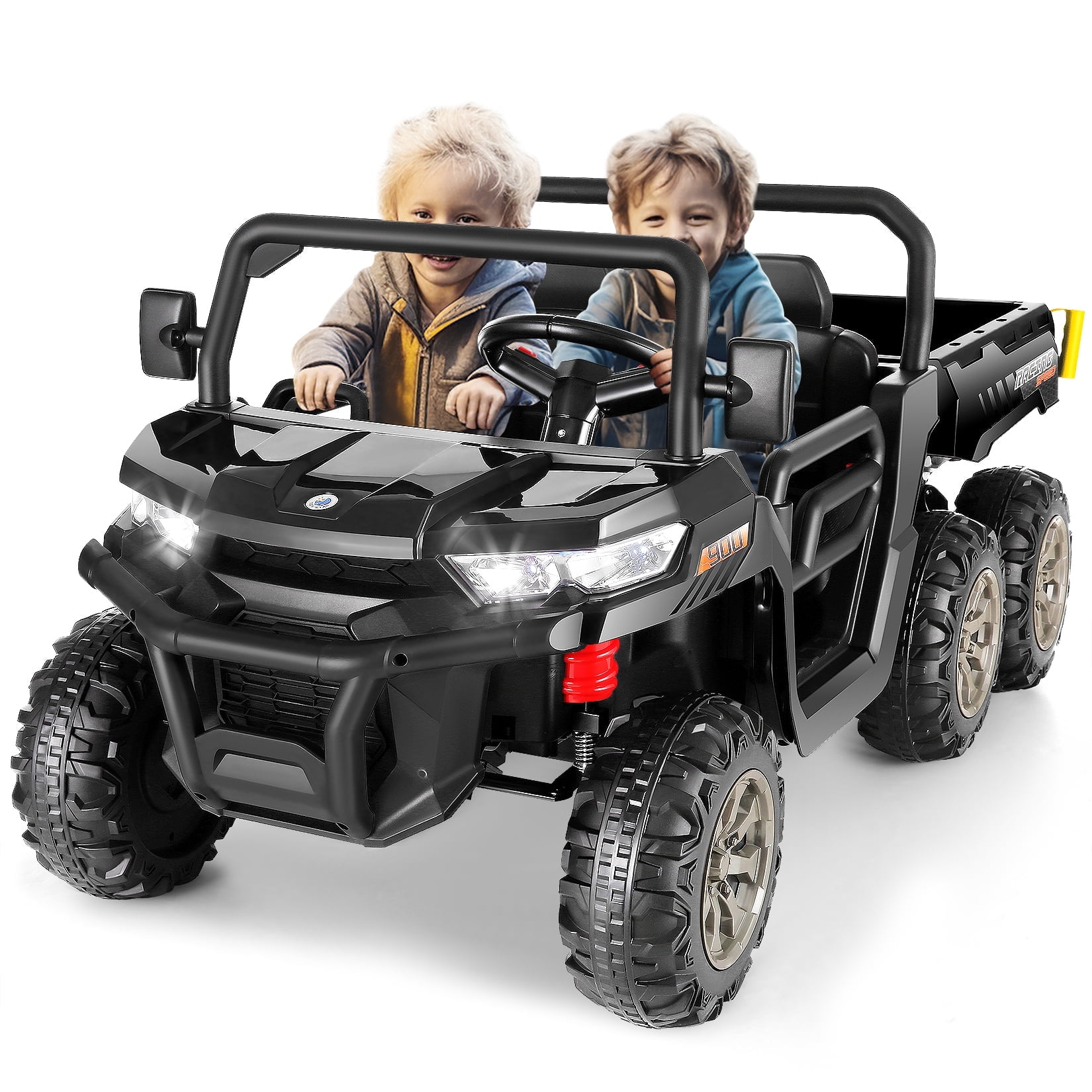Funcid 24 V 4WD Kids Kids Ride on UTV with Remote Control, 2 Seater 6-Wheel Ride on Dump Truck Car, Ride on Toys w/ Tipping Bucket Trailer & Shovel,Bluetooth Music, Black