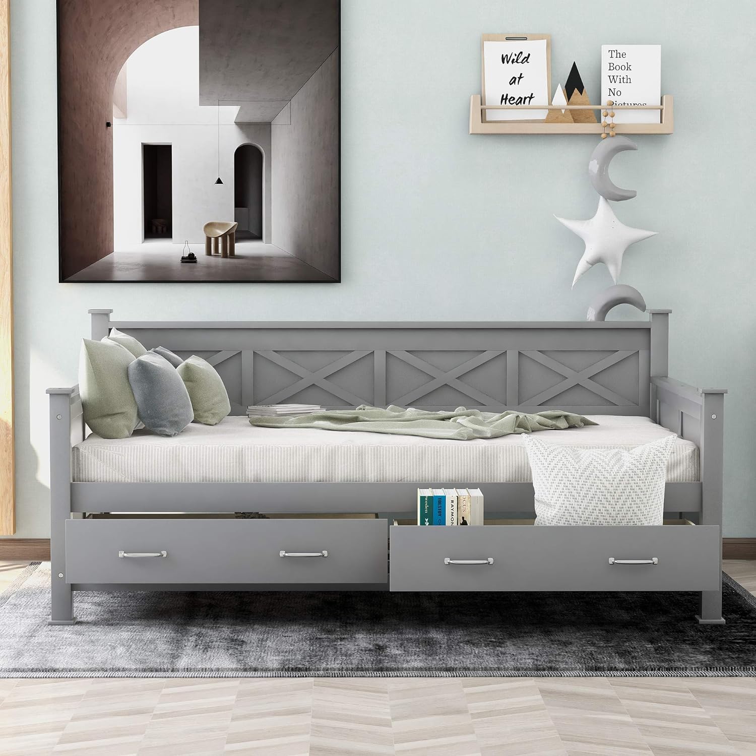 Daybed Frame With Drawer, Wood Daybed With Storage Drawers, Captain Sofa Bed For Kids(Grey)