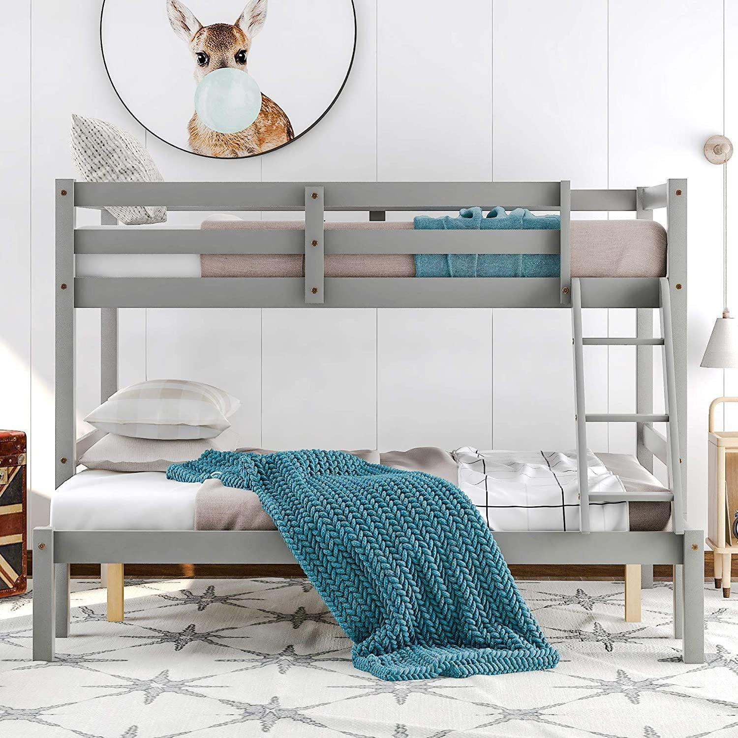 Twin Over Full Bunk Bed, Solid Wood Bunk Loft Bed Frame with Guardrail and Removable Ladder, Can be Separated into 2 Beds (Grey)