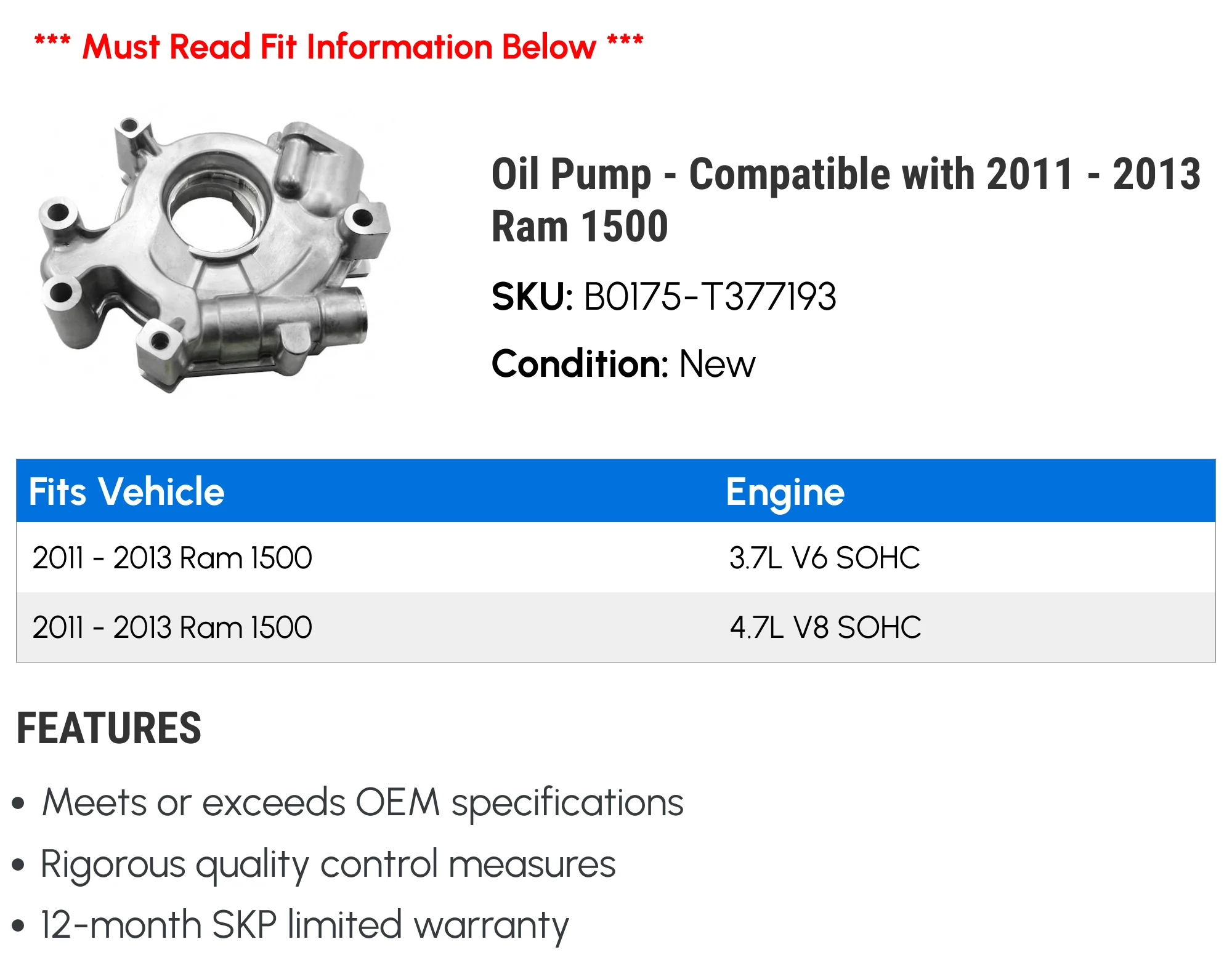 Pump - Compatible with 2011 - 2013 Ram 1500 2012