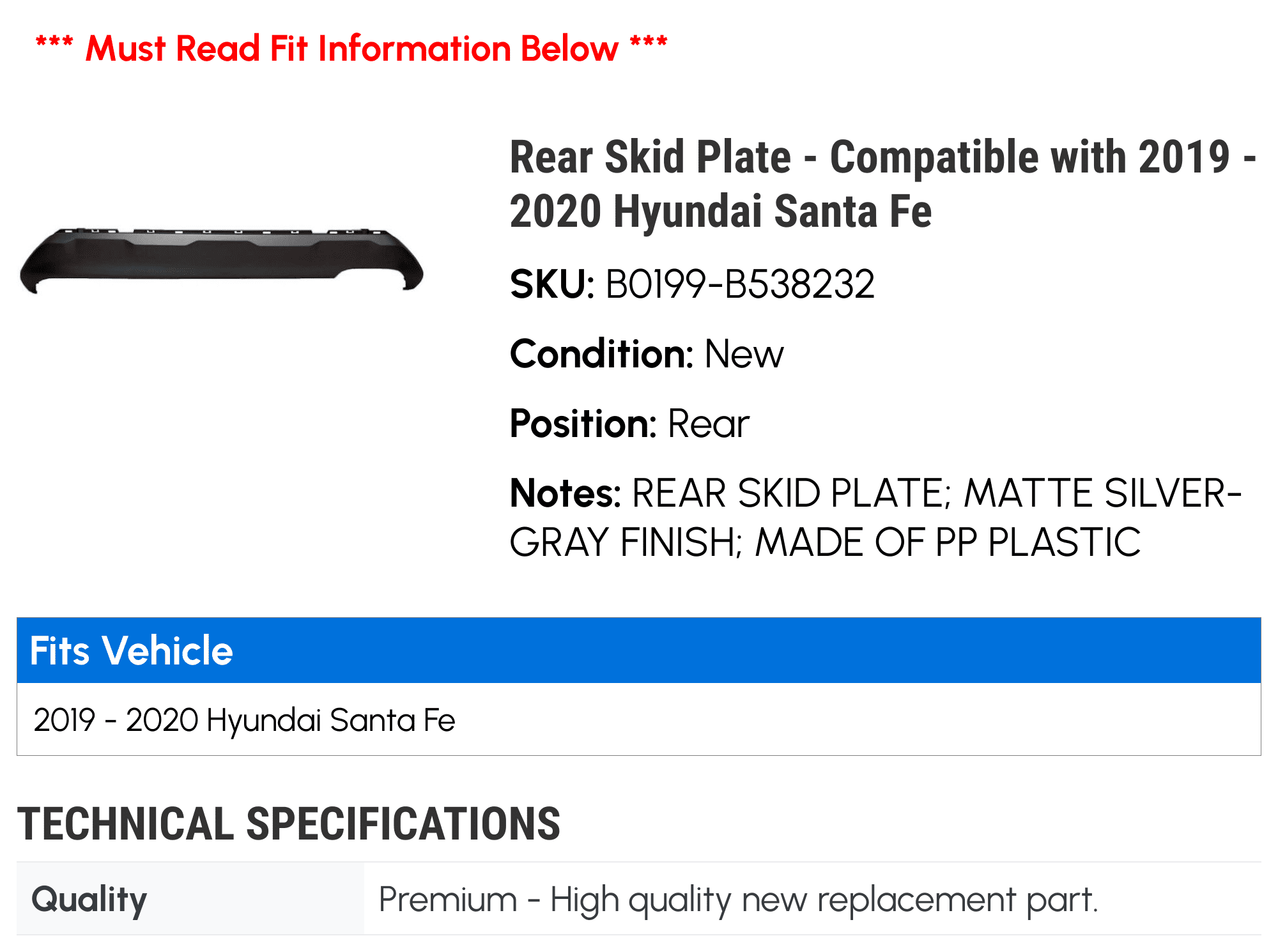 Rear Skid Plate - Compatible with 2019 - 2020 Hyundai Santa Fe