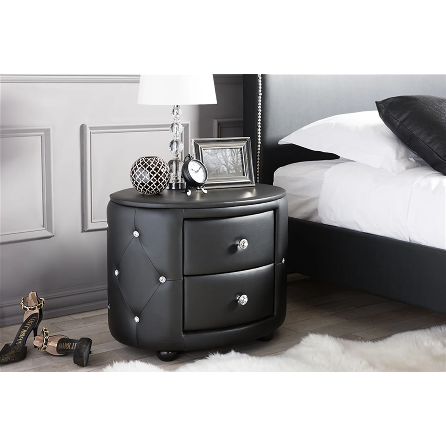 Davina Hollywood Glamour Style Oval 2-drawer White Faux Leather Nightstand