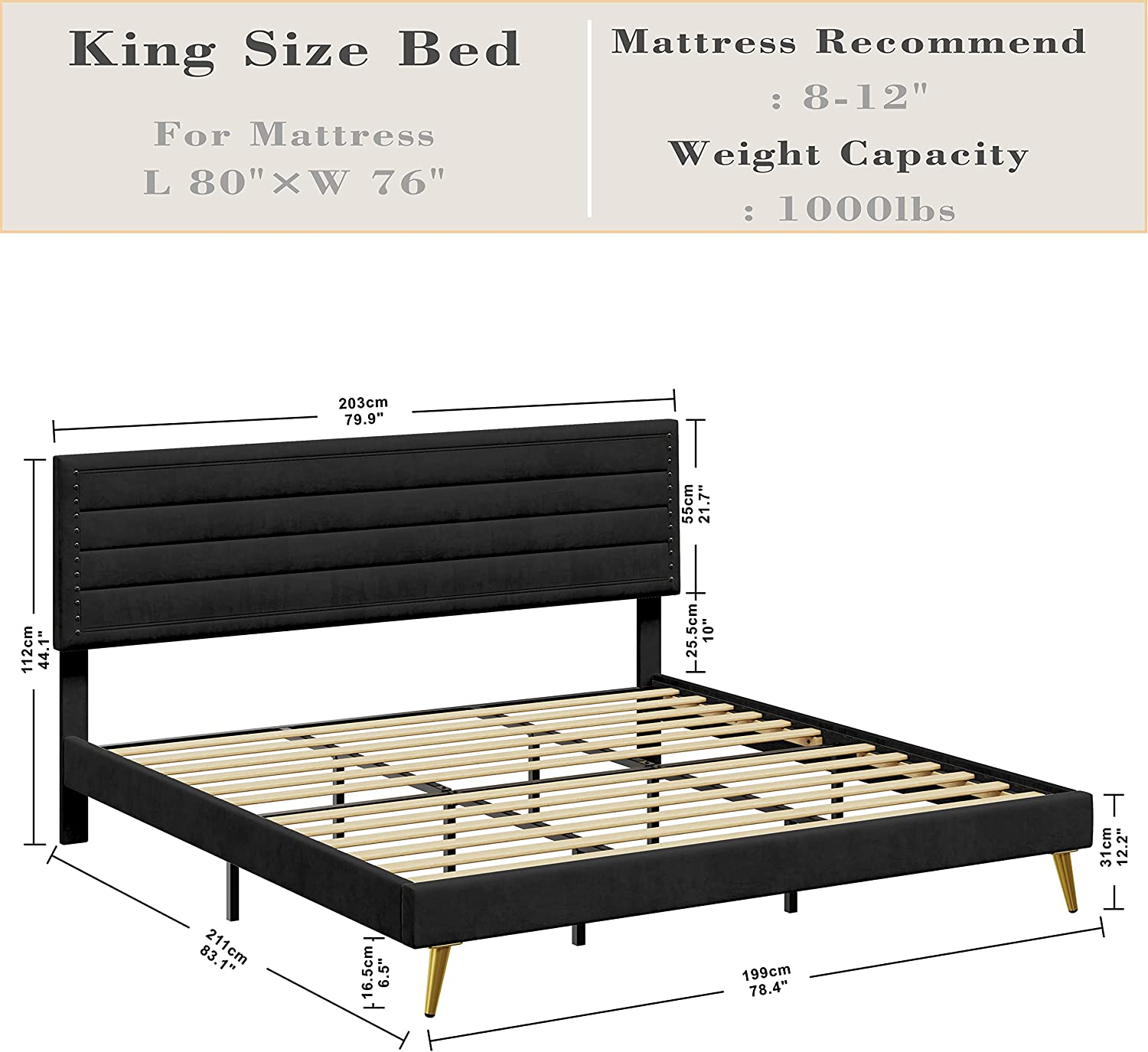 LIKIMIO King Size Bed Frame, Upholstered Platform Bed King with Headboard Heavy Strong Metal/Wood Supports, Easy Assembly, Noise-Free, No Box Spring Needed, Black