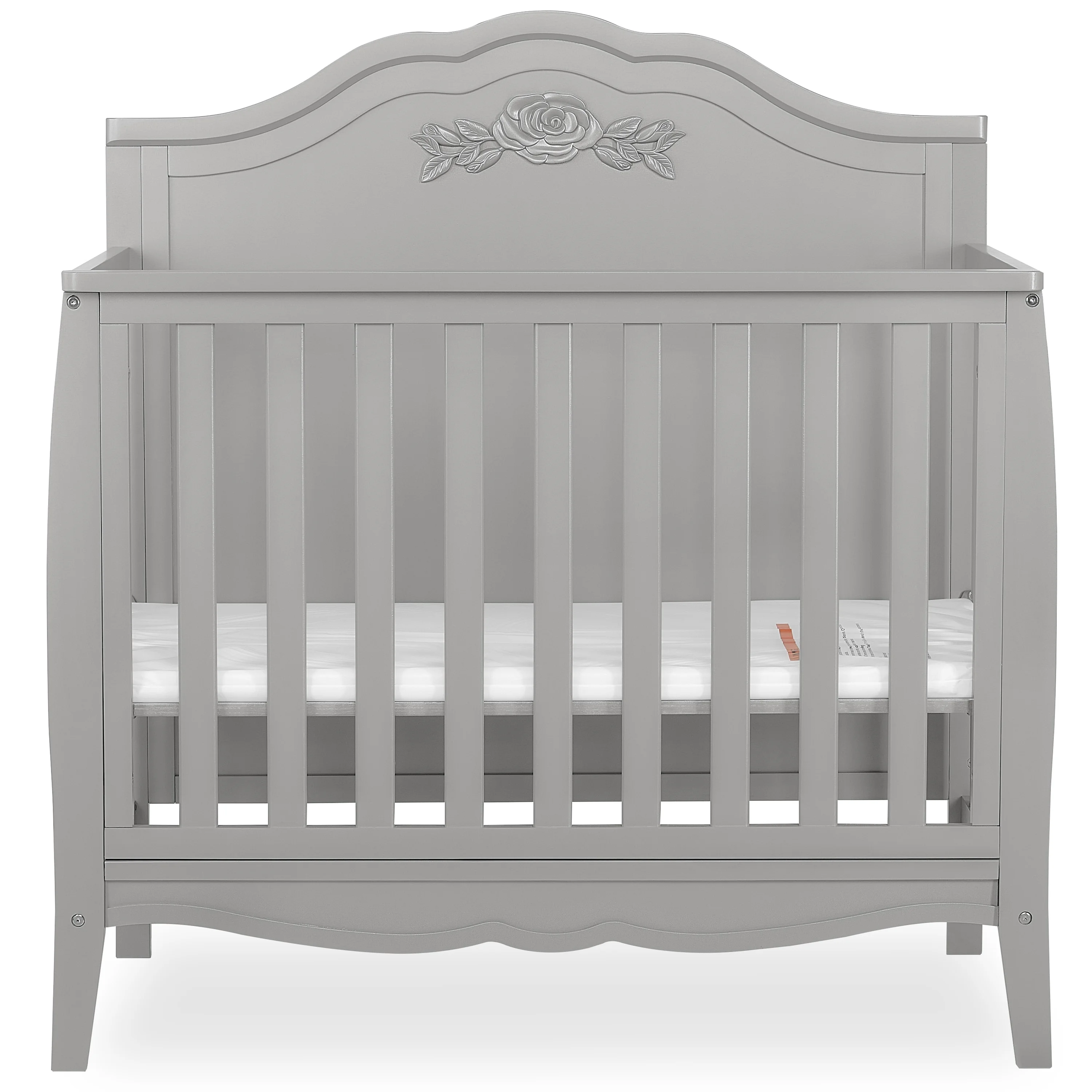 SweetPea Baby Rose 4-in-1 Convertible Mini Crib in Platinum, JPMA Certified Baby Crib, Non-Toxic Finish, New Zealand Pinewood, with 3 Mattress Height Settings Crib Platinum