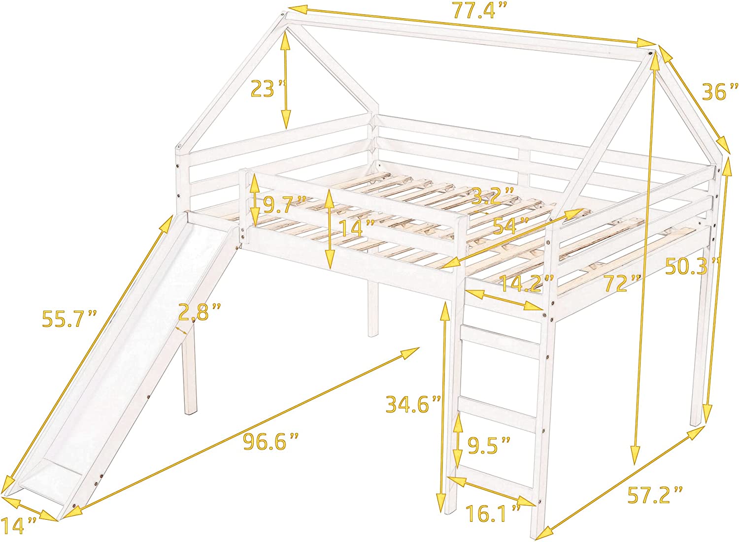 Lof Bed Full Size Wih Slide, Wood Lof Bed Full Wih House Shape Desig, Kids Full Lof Bed Frame For Boys Girls (Whie, Full Size)