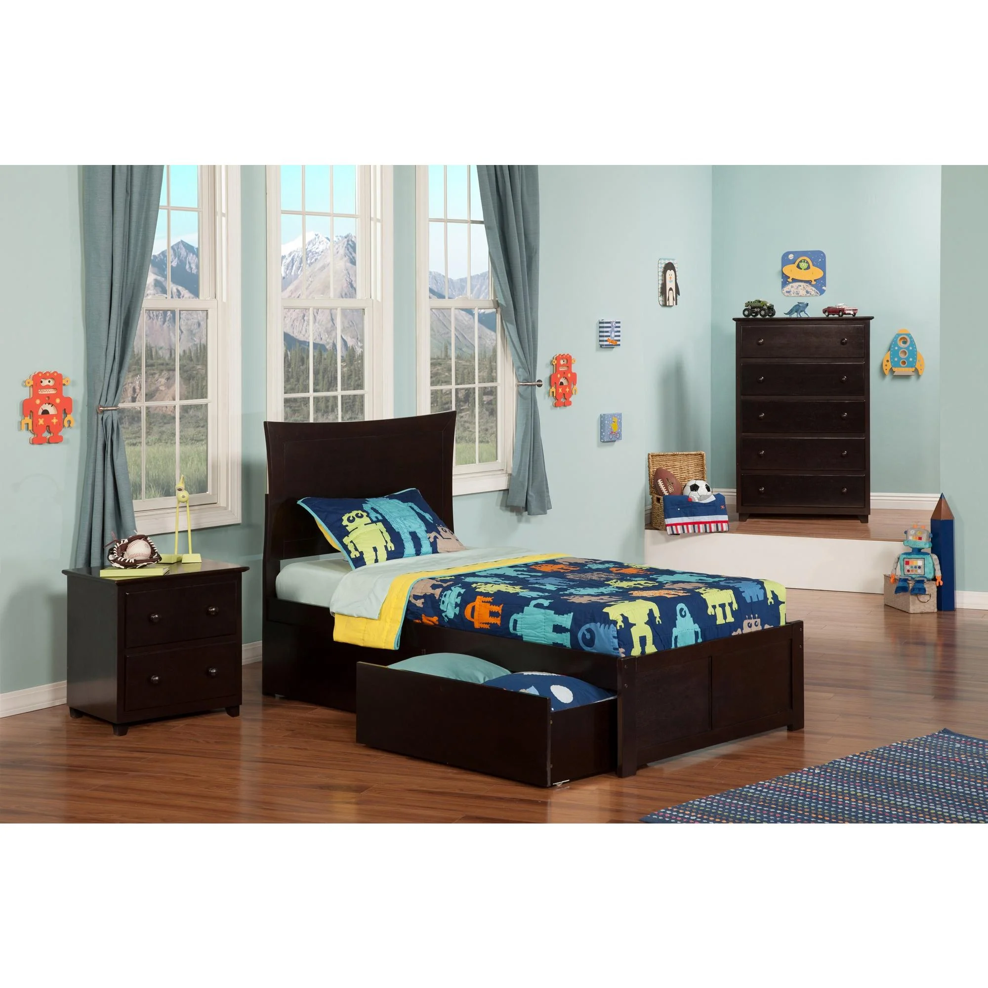 Metro Twin XL Platform Bed with Flat Panel Foot Board and 2 Urban Bed Drawers in Espresso