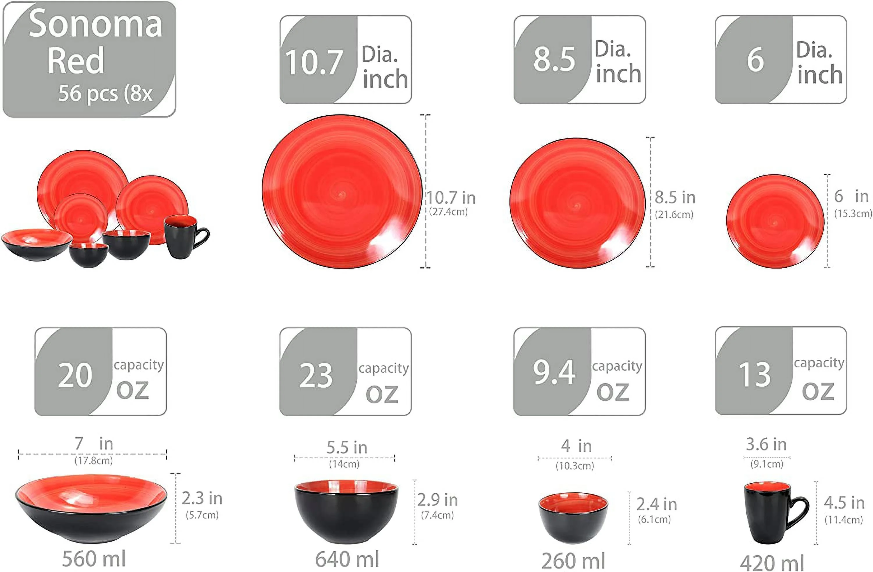 Stoneware Sonoma Dinnerware Set, Black + Speckled Spin Wash (56Pc Set, Red)