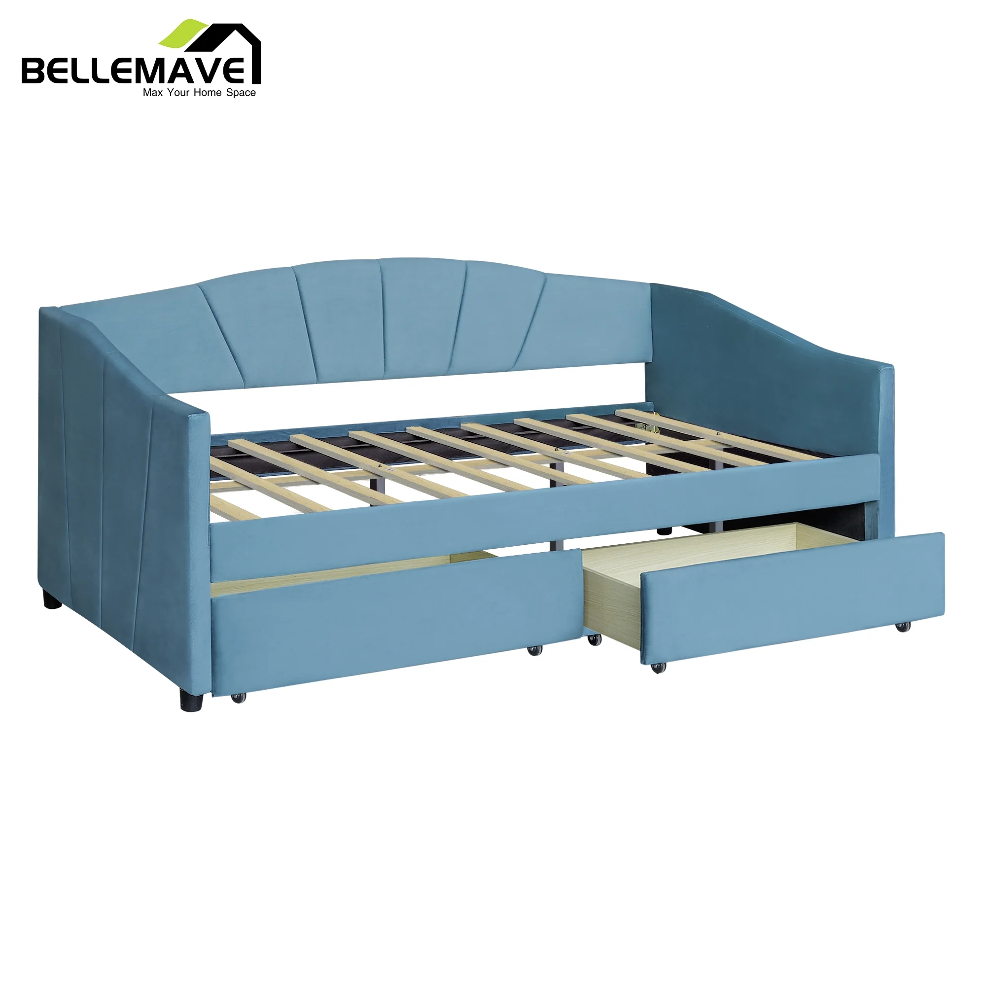 Bellemave Blue Twin Size Velvet Upholstered Daybed with 2 Drawers for Kids, Teens, Adults, Modern Wood Sofa Bed Twin Size for Living Room Bedroom