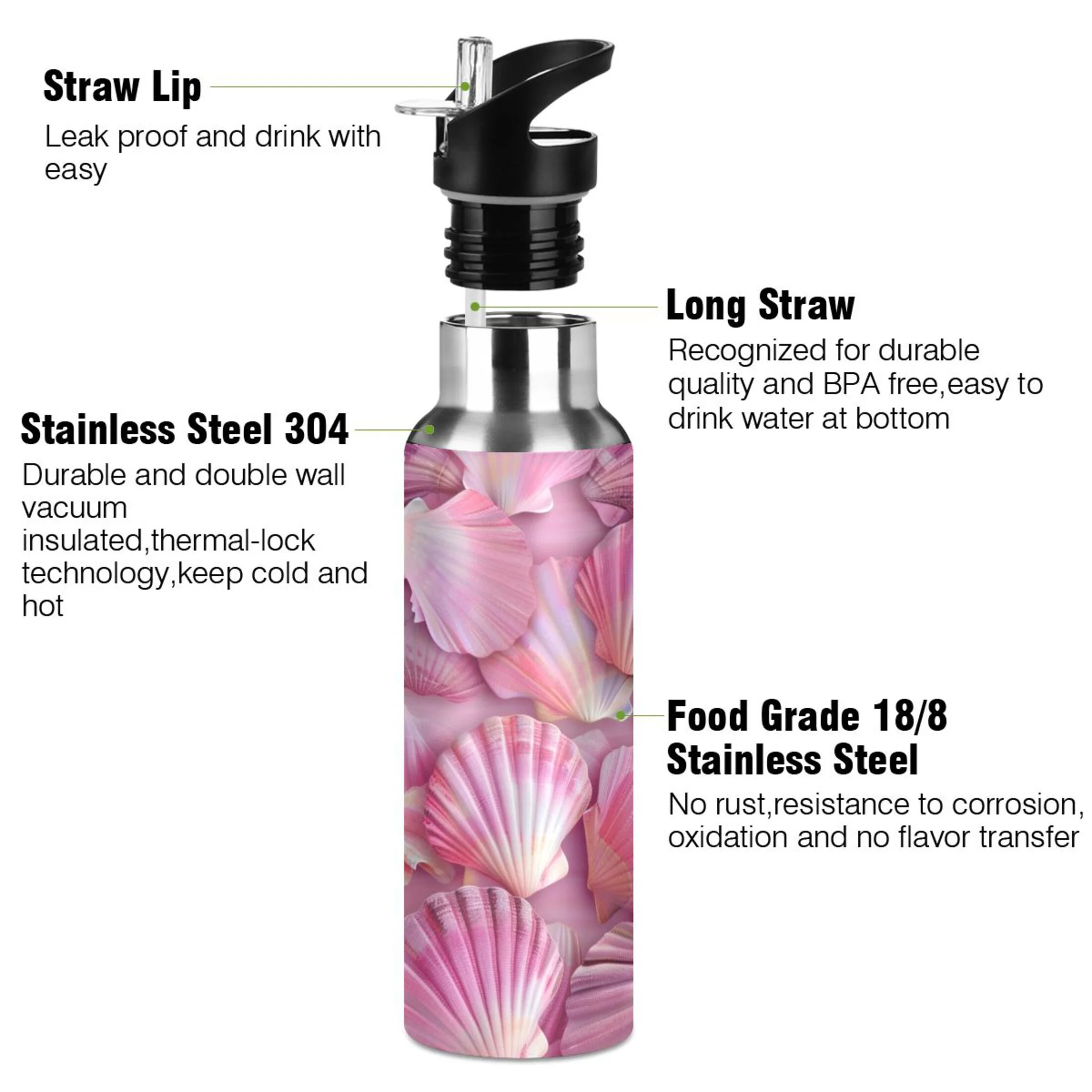 Pink Abstract Seashells Water Bottles Insulated Thermos Kids Stainless Steel Bottle with Straw Lid Flask Leakproof for Sports Gym 20 oz